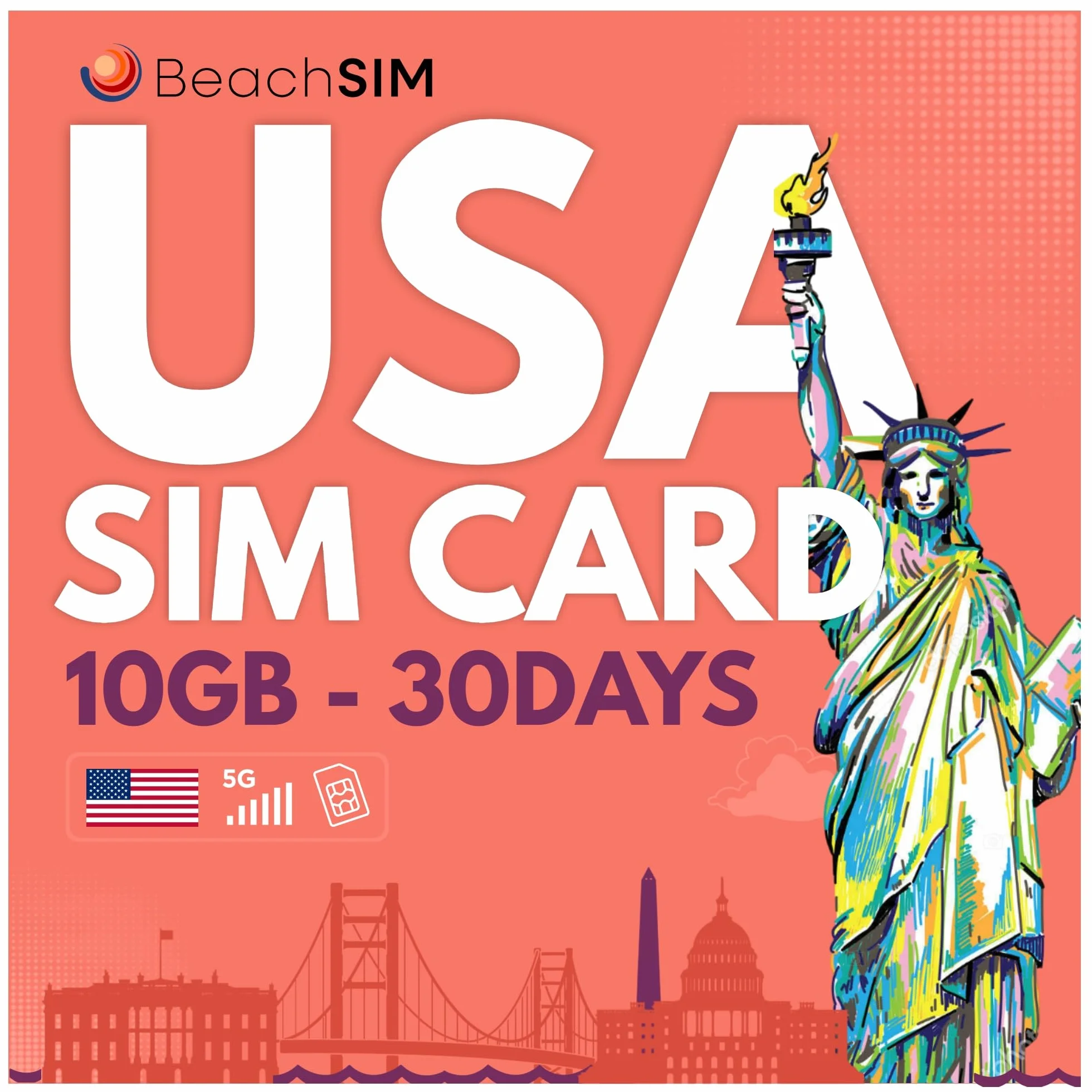 Karta SIM USA na 30 dni. 10GB danych przy prędkościach 4G/5G. Karta SIM tylko do transmisji danych. Szybka aktywacja. Łatwe doładowanie. Działa na urządzeniach z systemem iOS i Android.
