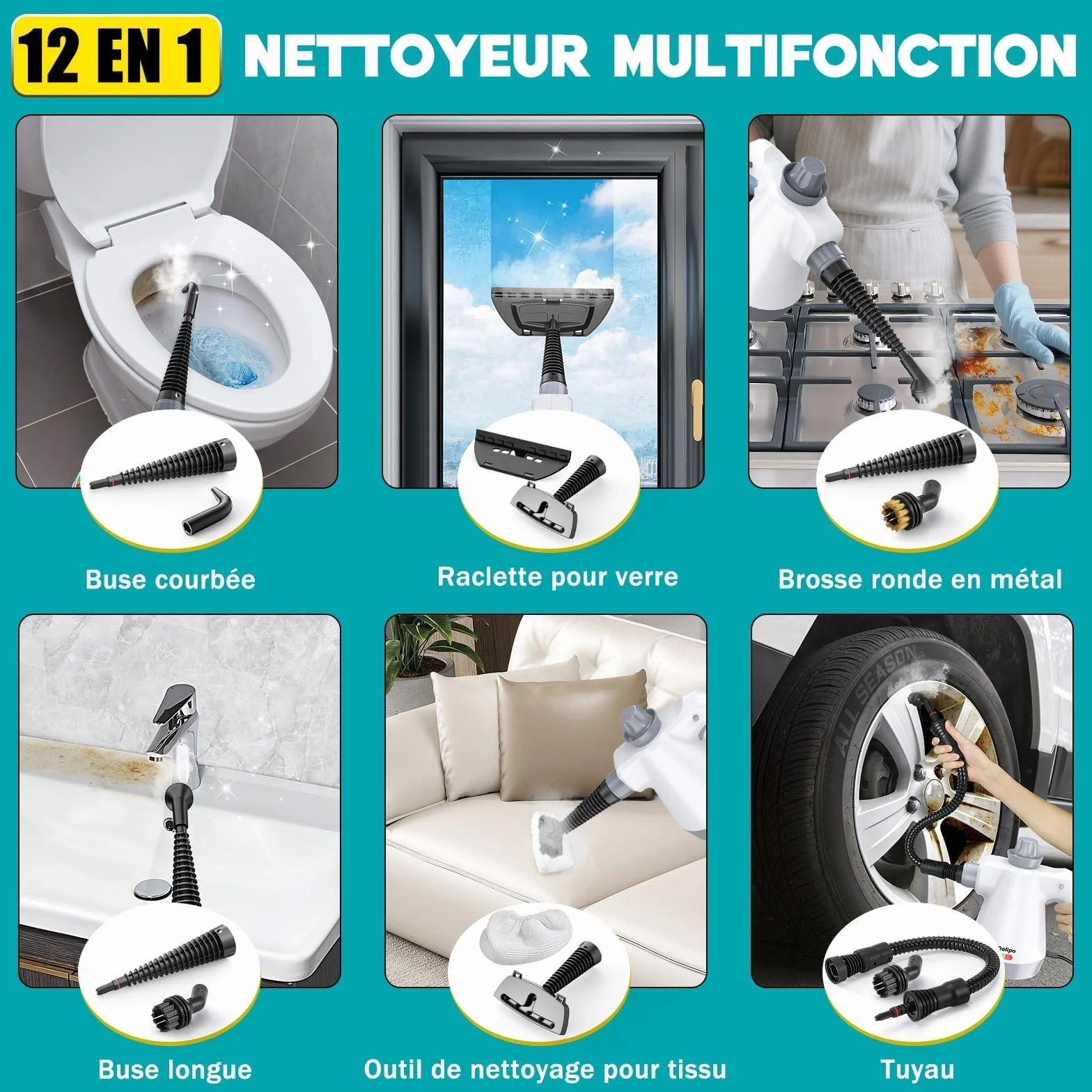 Nettoyeur Vapeur Portatif 1050W, Appareil Multifonction pour Cuisine, Salle de Bain, Voiture