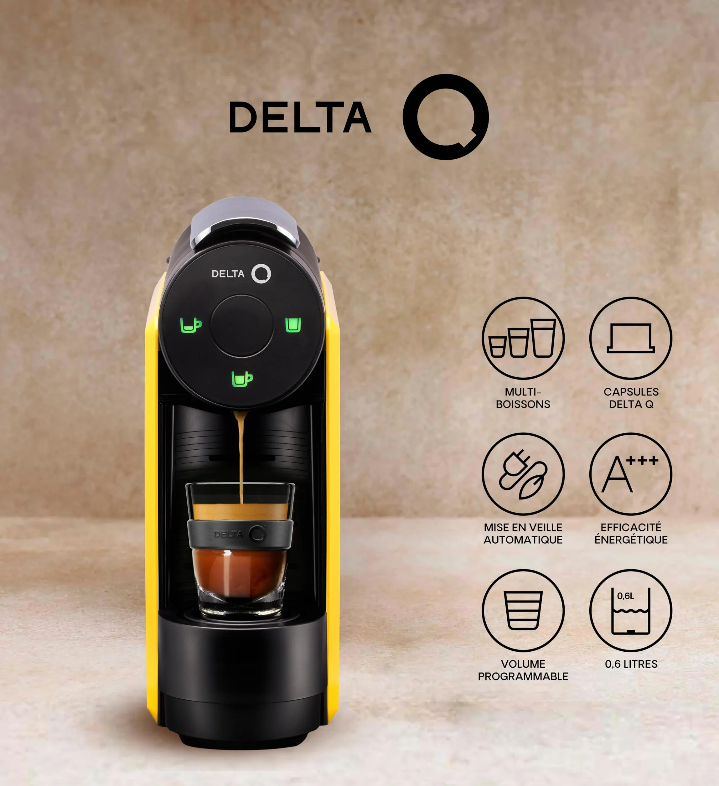 Delta Q Machine à Capsules MiniQool Jaune, Inclus 90 Capsules | 19 Bars de Pression, Réservoir 0.6L, Inclus 2 x 40 Caps Qalidus et 10 Caps Décaféinées