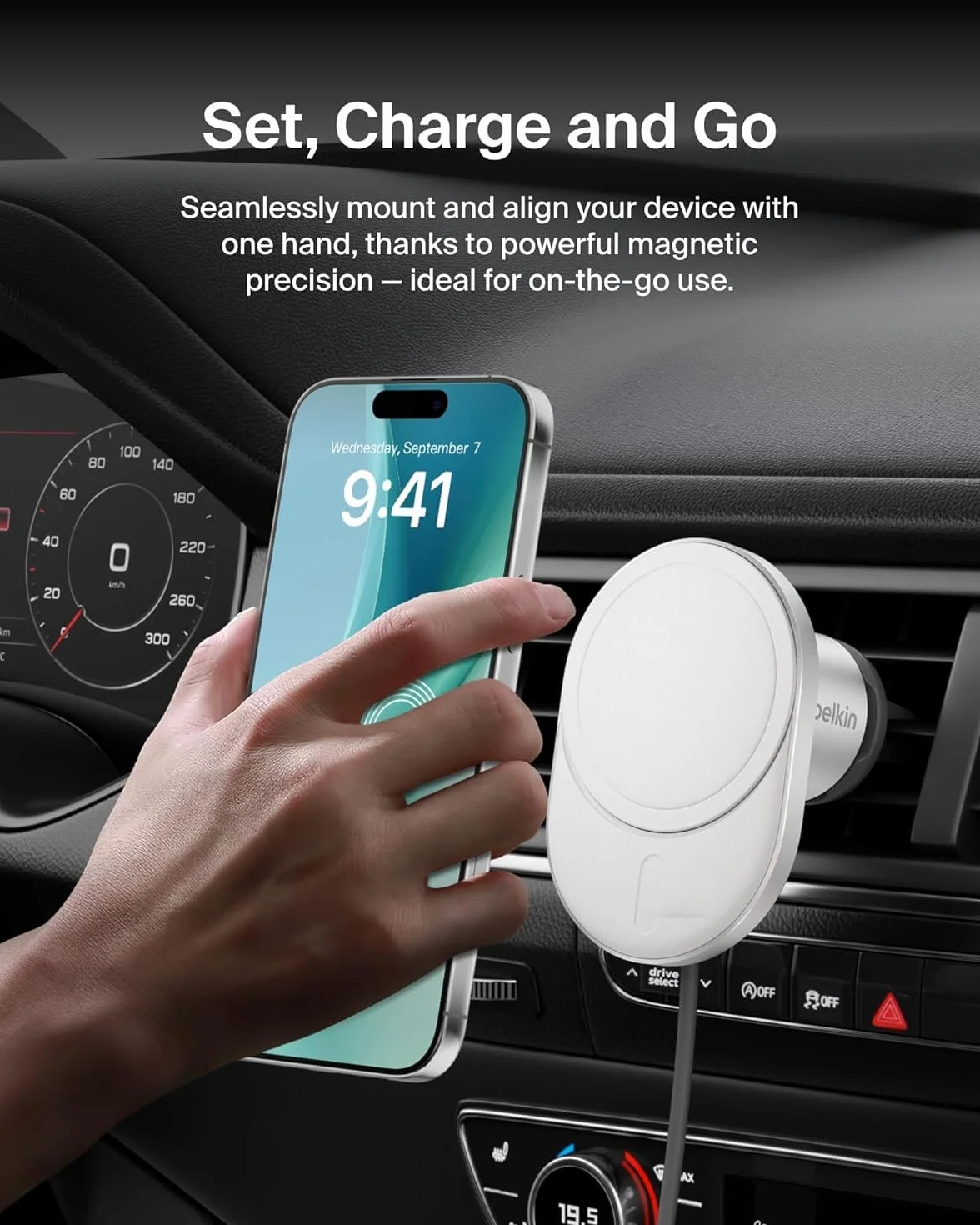 Belkin BoostCharge Pro magnetyczna bezprzewodowa ładowarka samochodowa 15W z Qi2, uchwyt samochodowy kompatybilny z MagSafe do kratki nawiewu dla iPhone 16-13, w zestawie kabel USB-C na USB-C (1,5 m)