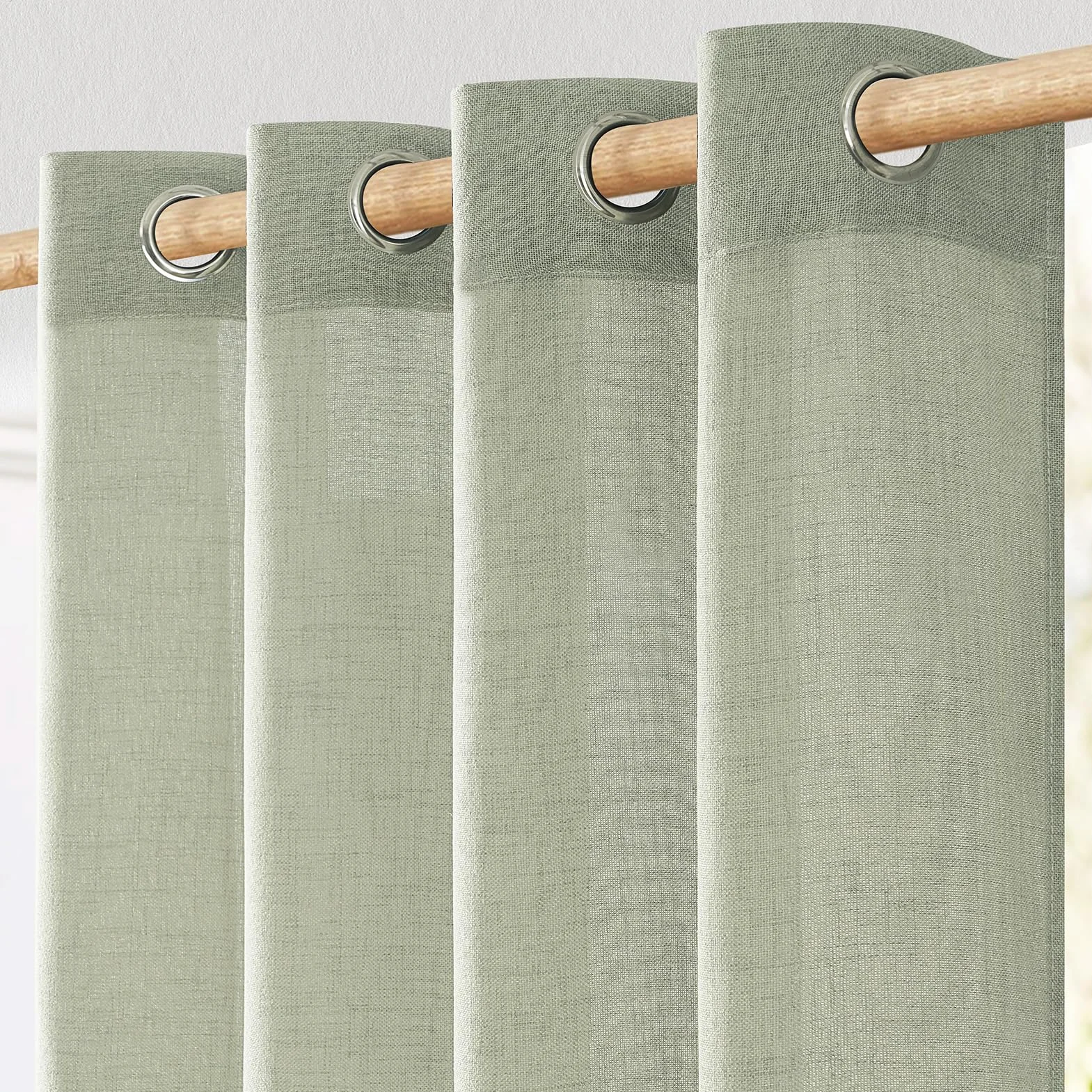 Lot de 2 Rideaux Voilage en Lin 140x200 CM Vert Sauge Semi-Transparent à Oeillets pour Fenetre Porte Balcon Chambre Salon