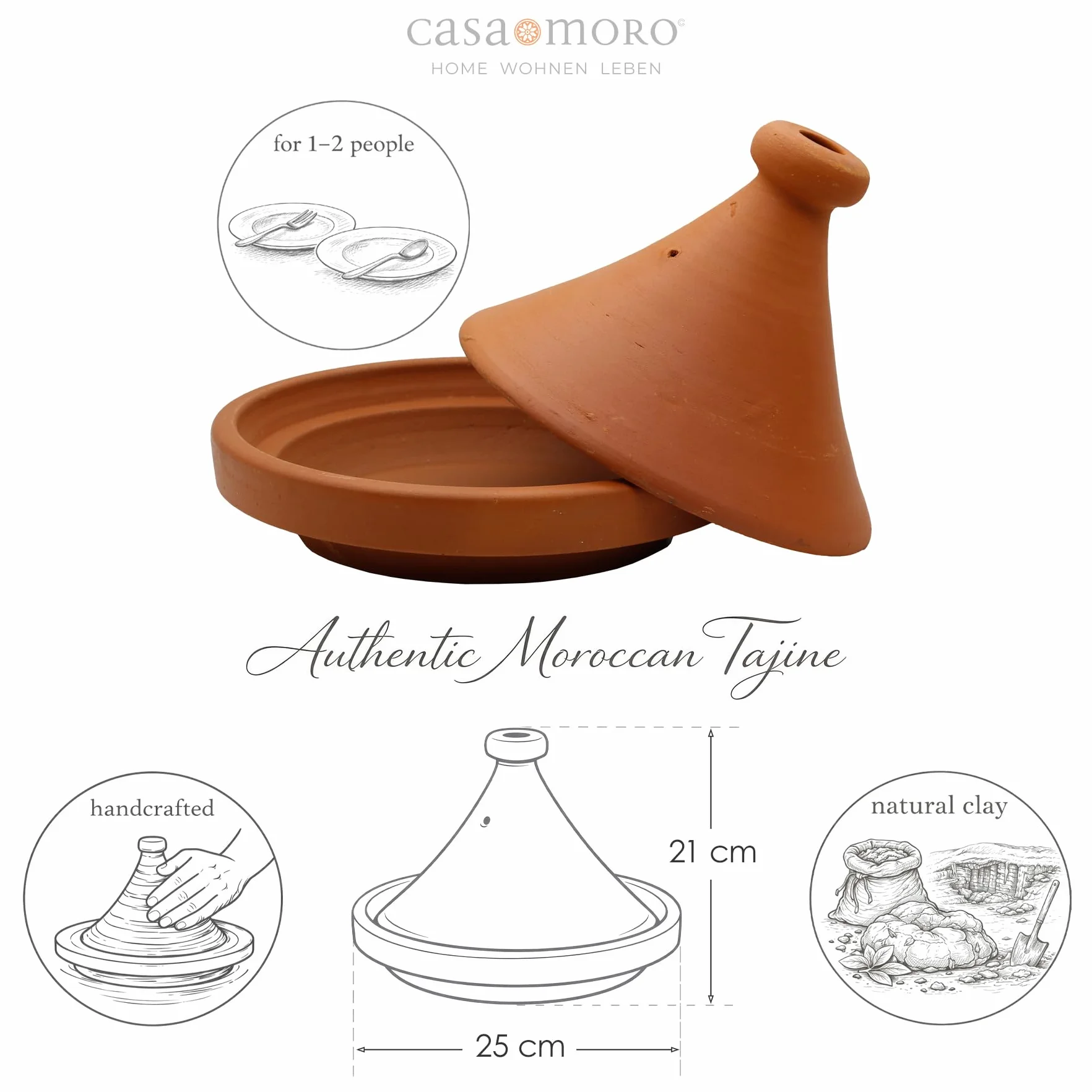 Tajine Cocotte marocaine en argile pour 1 à 2 personnes Ø 25 cm Non émaillée
