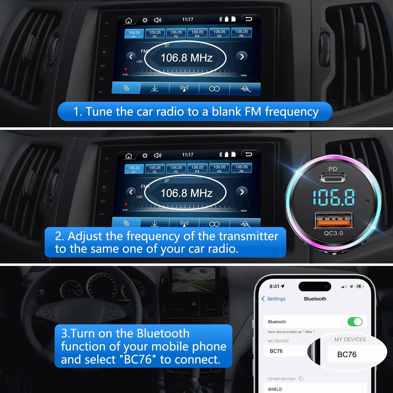 LENCENT 5.3 Samochodu Nadajnik FM Bluetooth, Bezprzewodowy Adapter Radiowy z D 20W Typ C+ QC3.0 ładowarka Fast USB, Zestaw Głośnomówiący, Zapalniczki Samochodowej, z Zestawem Głośnomówiącym, Hi-Fi