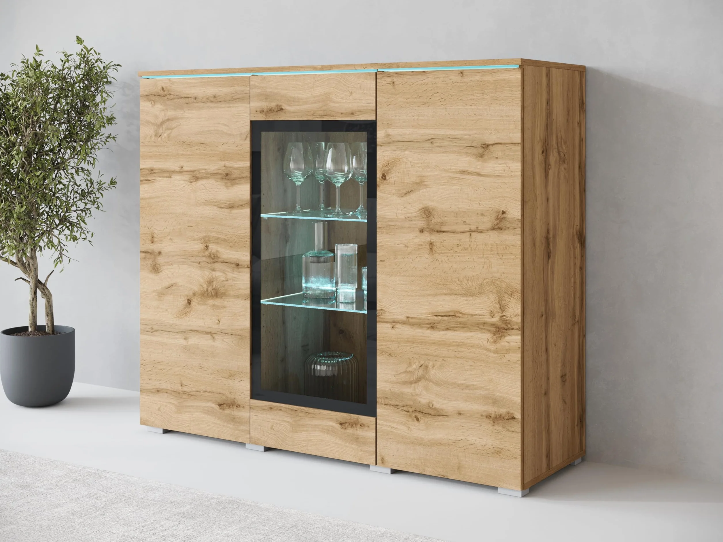 MINIO go for it - Buffet Salle a Manger Veve, Buffet Haut 120 cm Longueur, Meuble Vitrine Chêne Wotan - sans éclairage LED