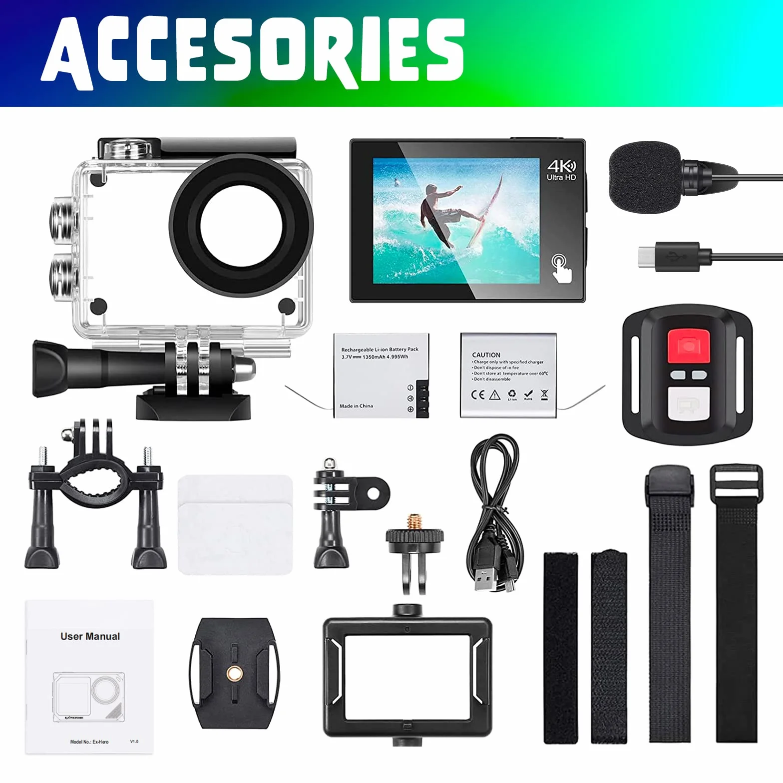 E-A-F Kamera sportowa, 4K 30 kl./s, Ultra HD, wodoszczelna kamera podwodna 40 m, WiFi, ultraszerokokątny kąt 170°, pilot zdalnego sterowania, 2 akumulatory i zestaw akcesoriów do kasku