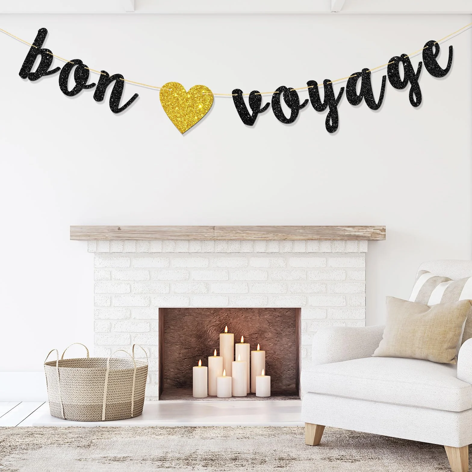 Bannière Bon Voyage – Banderole de fanions de fête thème voyage – The Adventure Begin – Décorations adieu – Paillettes noires
