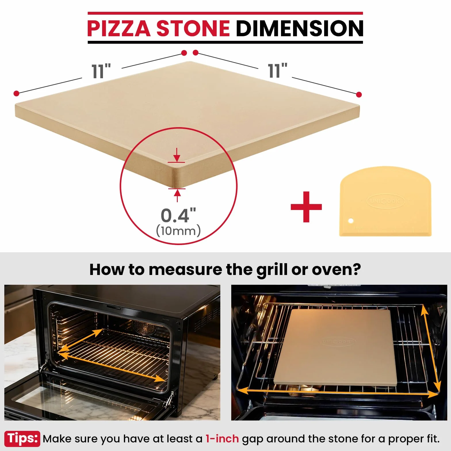 Unicook Pierre à pizza carrée 28 cm – Pierre à pizza pour four et barbecue, pierre de cuisson en cordiérite pour fond de pizza croustillant, pain, biscuits