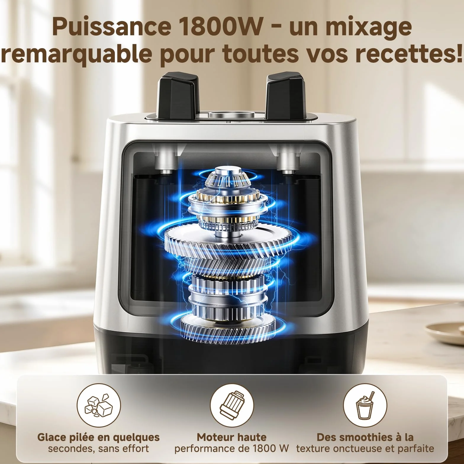 AMZCHEF Blender Électrique 1800W, Mixeur Haute Performance avec Bol 2L Tritan Sans BPA, 6 Lames en Acier Inoxydable Revêtement Titane, Smoothies, Glace Pilée, Shakes, Nettoyage Facile, Noir/Argent
