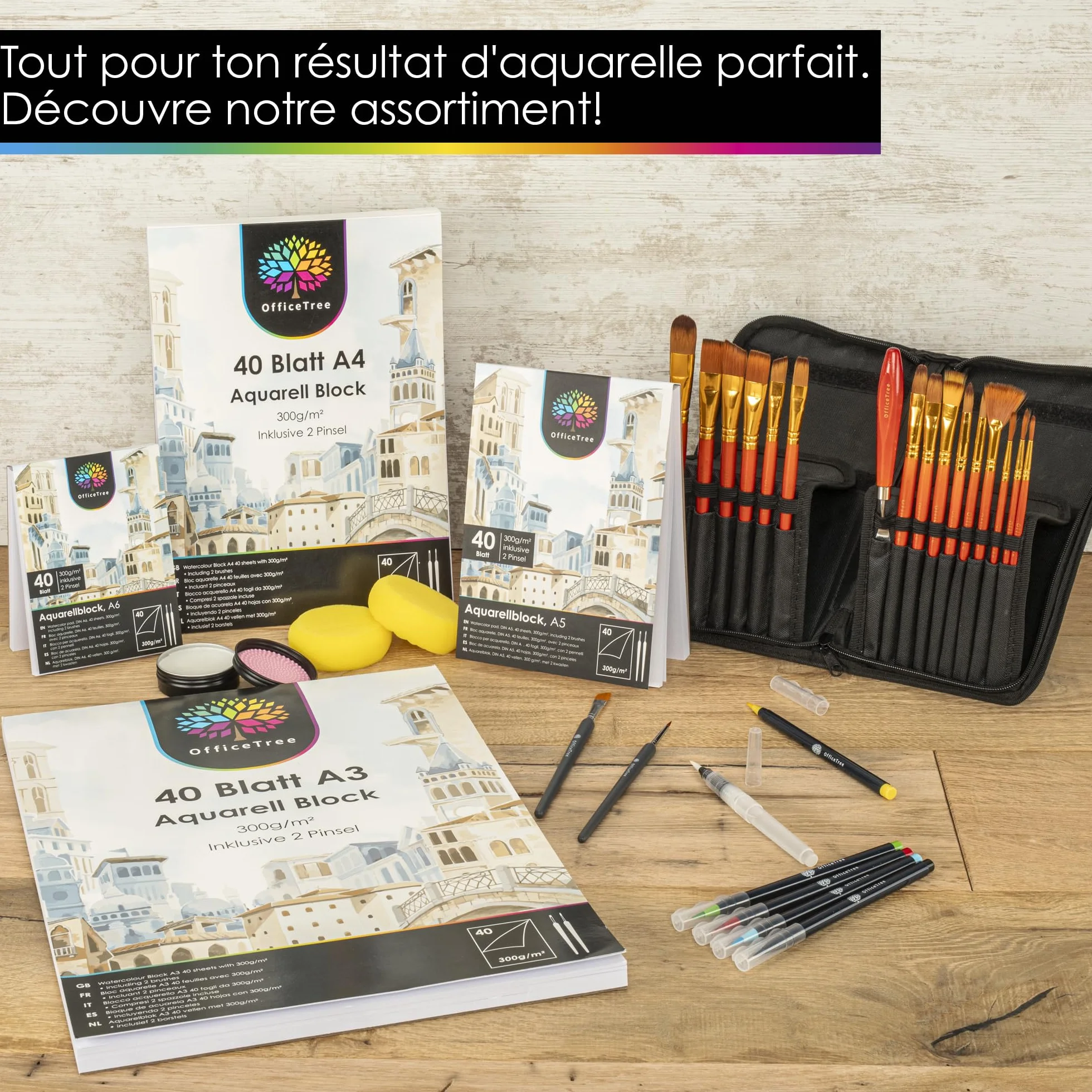 OfficeTree Papier Aquarelle A4 300g Bloc 40 Feuilles - Papier Dessin Blanc - Avec 2 Pinceaux