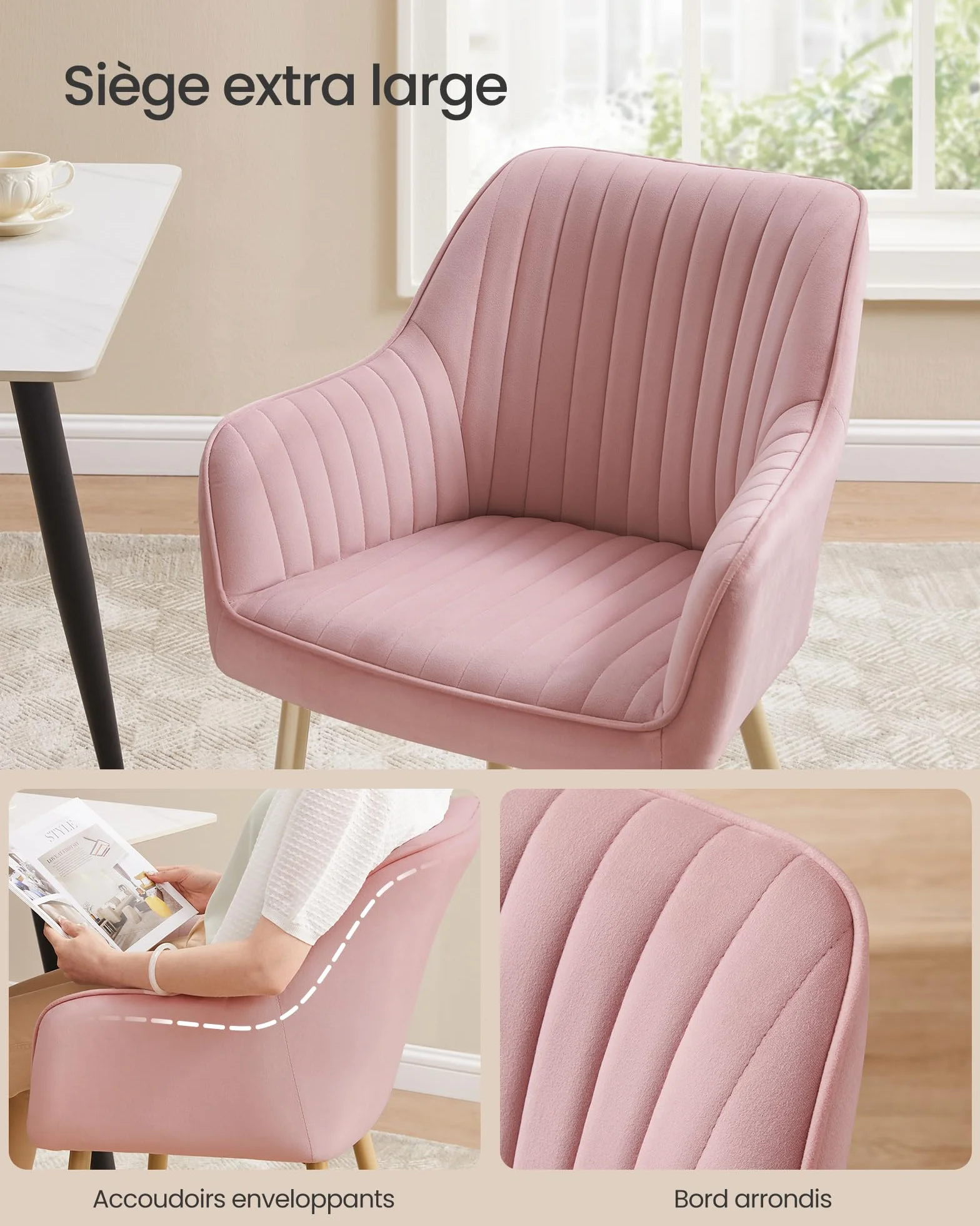 SONGMICS Chaise Salle à Manger, Chaise de Cuisine, Fauteuil en Velours, Rembourrée, avec Accoudoirs, Charge Max. 120 kg, Pieds en Métal, pour Salle à Manger, Rose Bonbon et Doré Clair LDC087R01