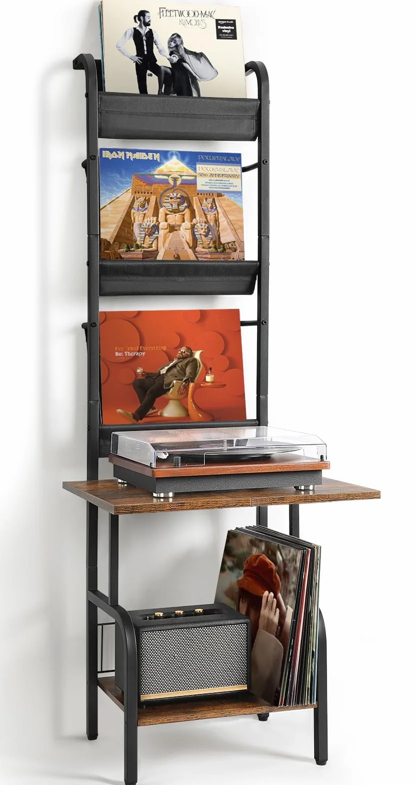 Rangement Vinyle, Support Vinyle, Meuble Vinyl à 3 Niveaux, Meuble Platine Vinyl Stockage jusqu'à 200 Albums Cds, Support Vinyls Mural, Tourne Disque pour Salon