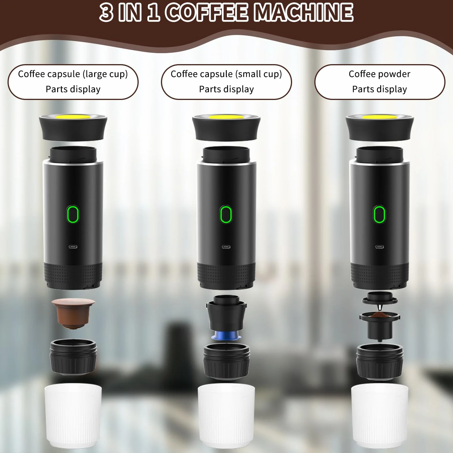 PZCC Machine à Café Portable de Voyage, Chauffage Rapide 3 En 1 Cafetiere Portable 12V, Chauffage Rapide, Compatible avec Grandes et Petites Capsules et Café Moulu, Pour Voyage (Noir)