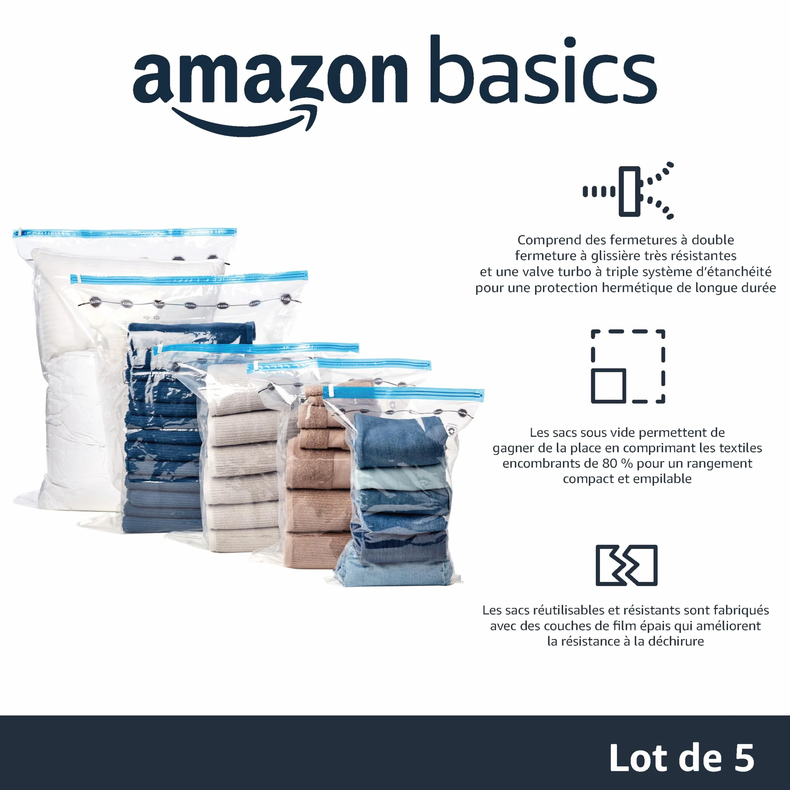 Amazon Basics housses de rangement sous vide avec pompe manuelle, 5 pièces, Taille L