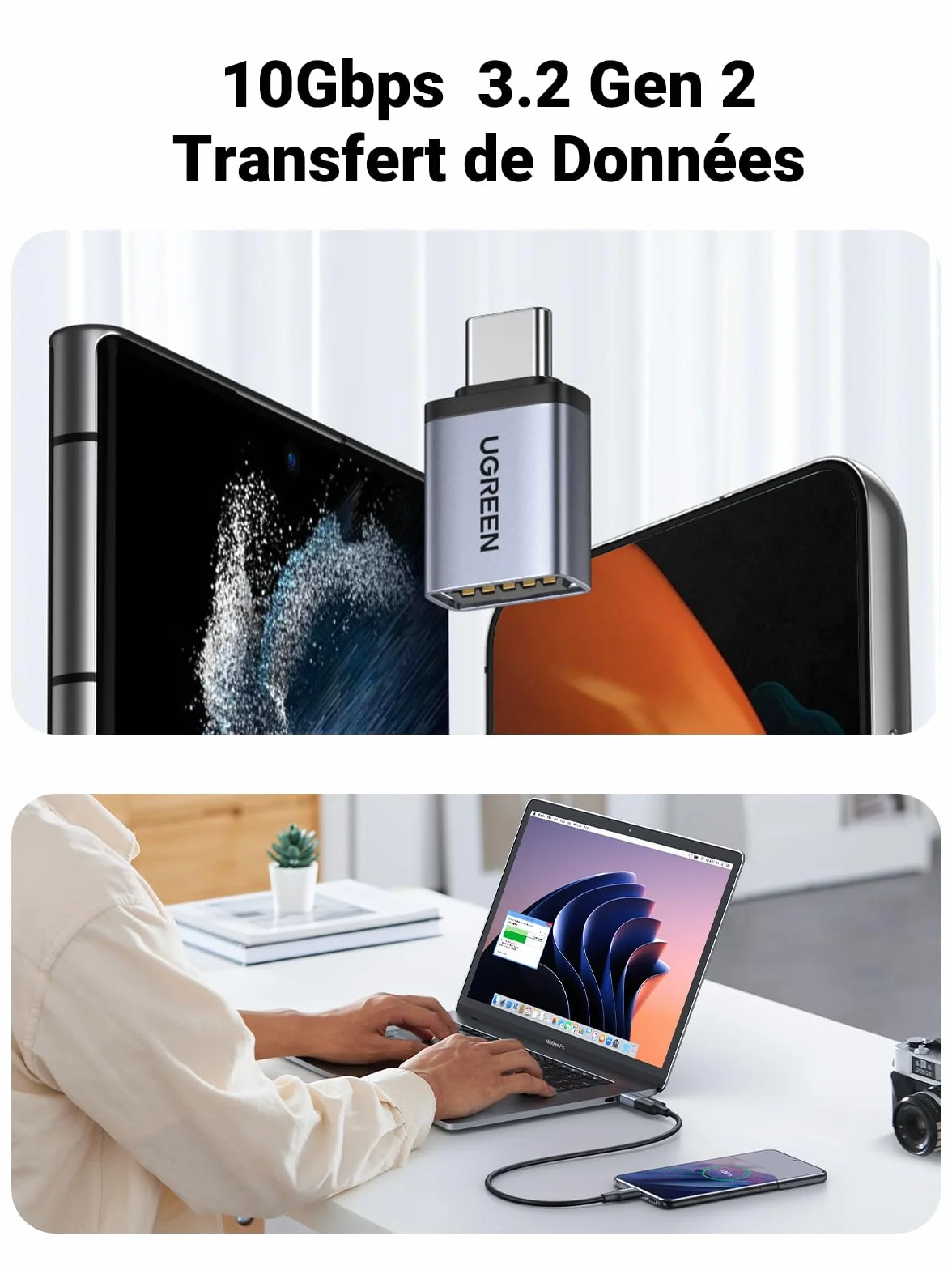 UGREEN Adaptateur USB C vers USB A 3.2 10Gbps OTG Lot de 2 Gris