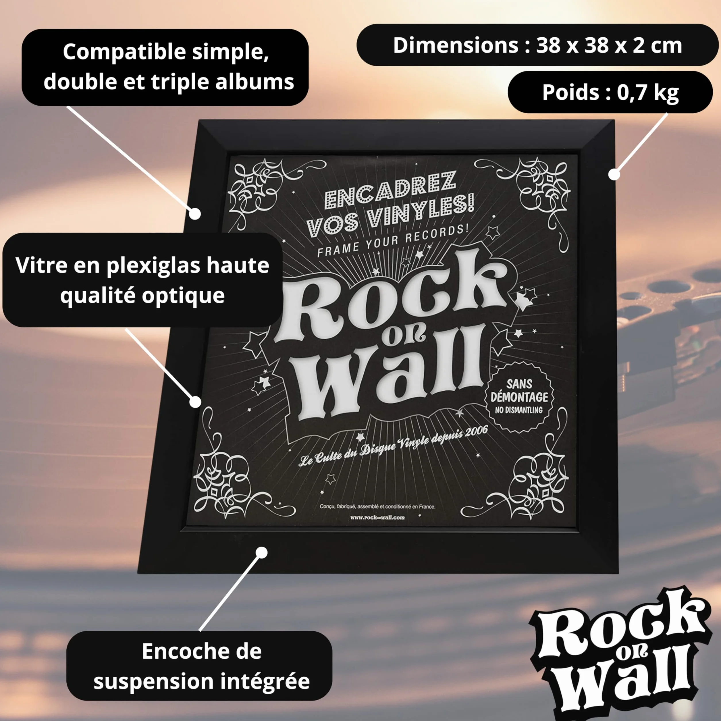 Rock On Wall Cadre pour Disque Vinyle Noir Ouverture Fermeture Facile Encoche de Suspension Intégrée Fabriqué en France