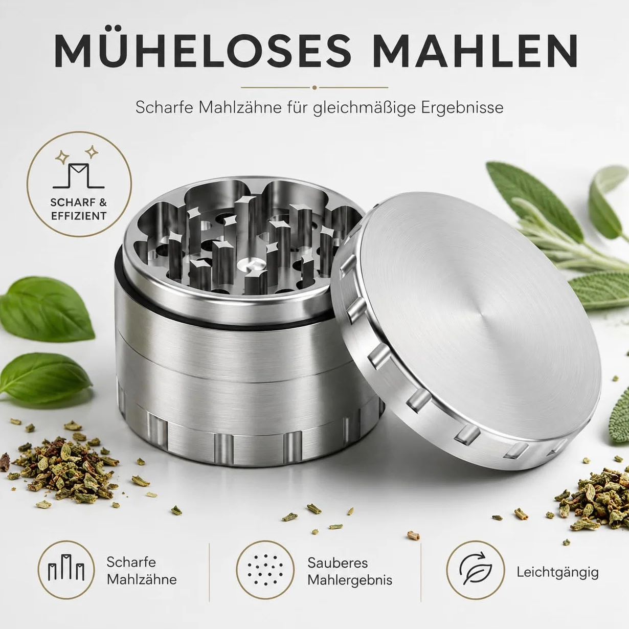 Moulin à herbes en acier inoxydable de qualité supérieure - 4 pièces - Ø 63 mm - Avec étui de protection avec fermeture éclair, grattoir à pollen, pinceau et embout buccal