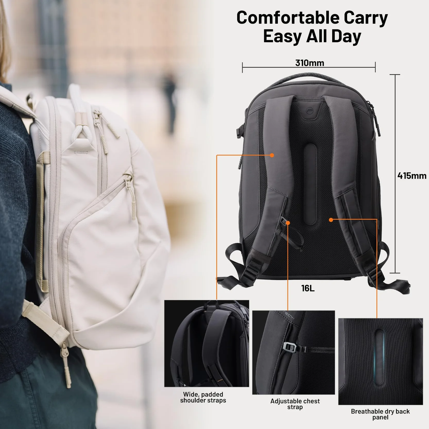 PGYTECH OneGo Lite Plecak na aparat fotograficzny, 16 l, lekki, odporny na działanie wody, plecak dla fotografki do miasta i podróży, torba na aparat fotograficzny, kompatybilny z lustrzankami Sony