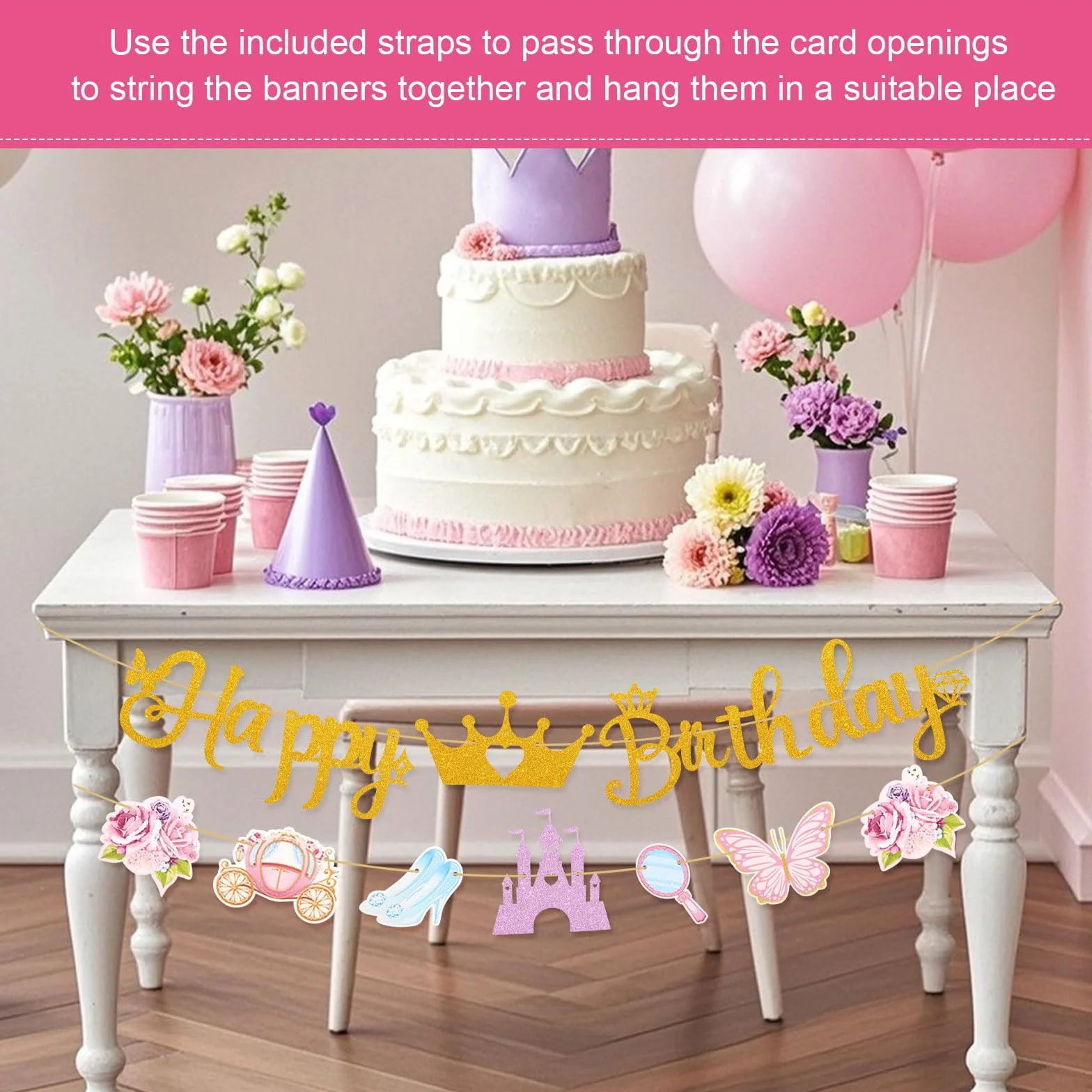 Bannière d'Anniversaire Princesse BOXOB avec Couronne Château Chaussure en Cristal Calèche pour Filles