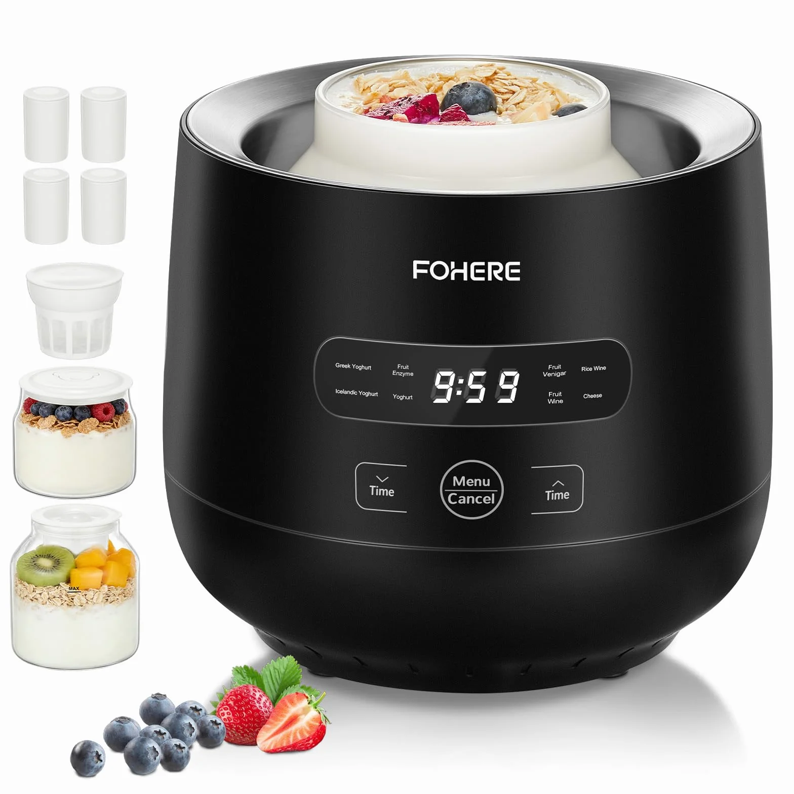 FOHERE Yaourtière 2 XXL pots en Verre 2000 ml et 1400 ml, 4 * 125 ml Tasse en Céramique avec Couvercle, 8 Programmes Automatiques, Ecran LCD, Arrêt Automatique, Sans BPA, 20 Watts