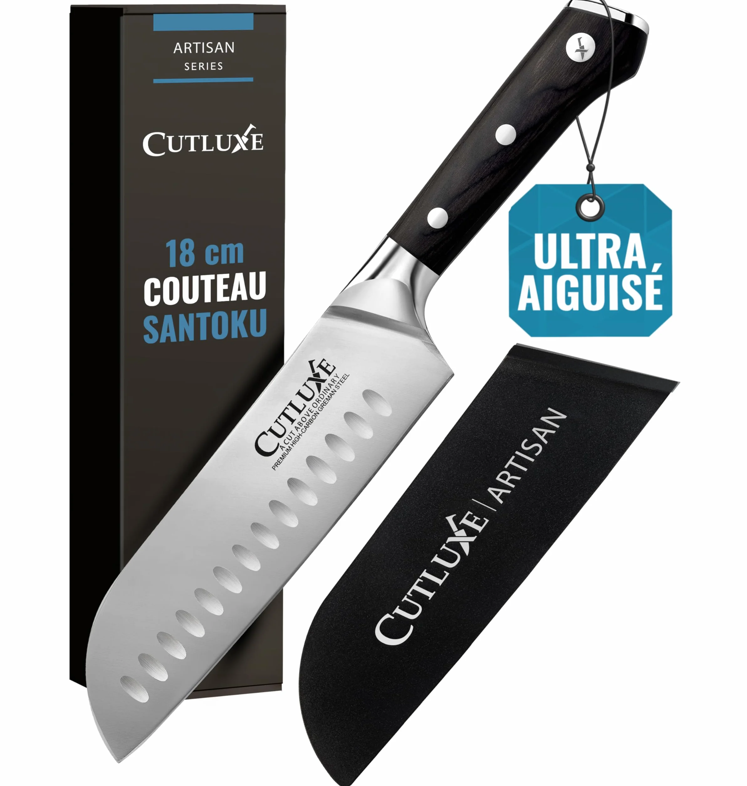 Cutluxe Couteau Japonais - 18 cm Couteau Professionnel Santoku Avec Fourreau - Lame Professionnelle en Acier Allemand à Forte Teneur en Carbone - Couteaux de Découpe pour la Cuisine - Série Artisan