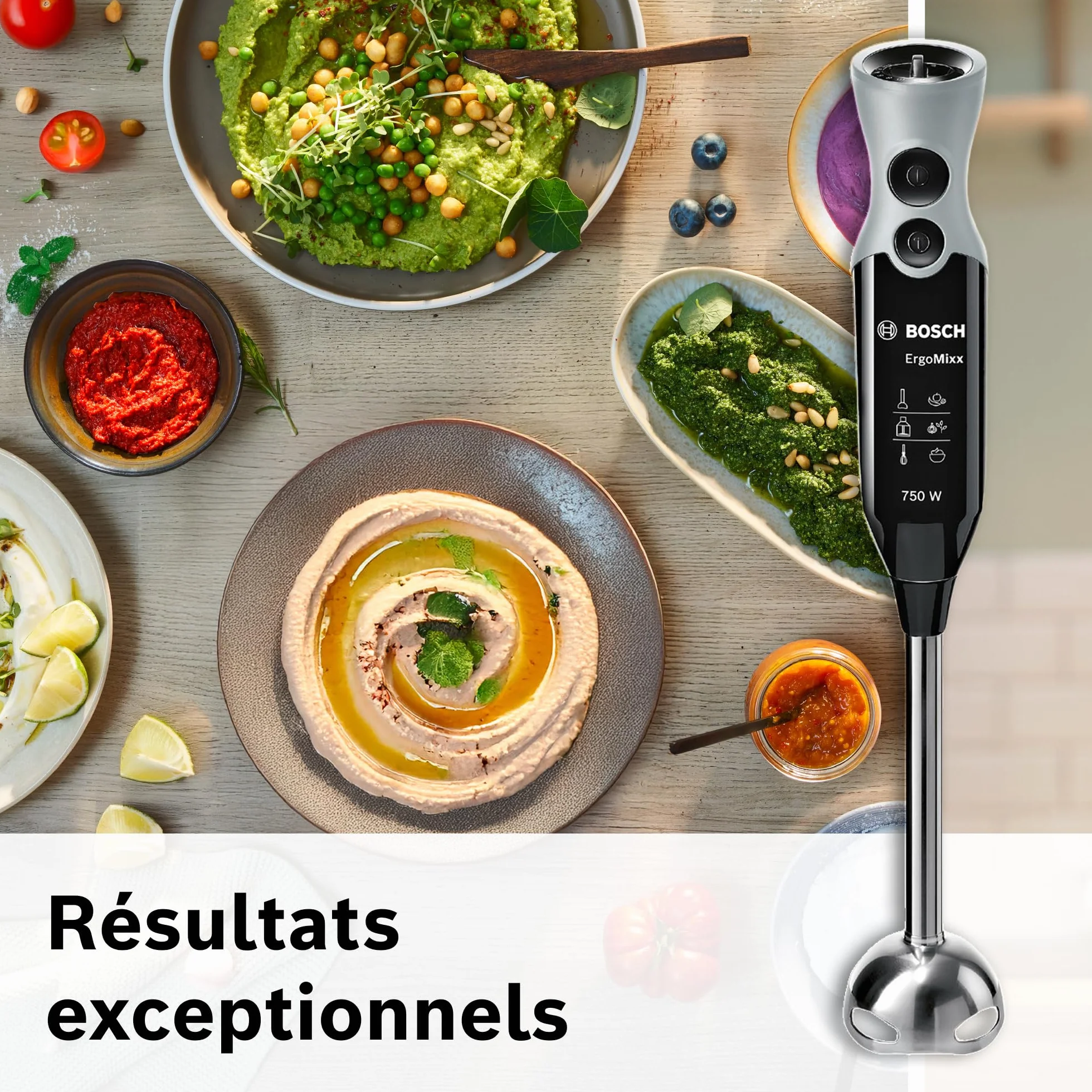 Bosch Mixeur plongeant ErgoMixx, moteur 600 W, 12 vitesses et fonction turbo, hachoir XL, fouet, gobelet doseur, noir, MSM67160