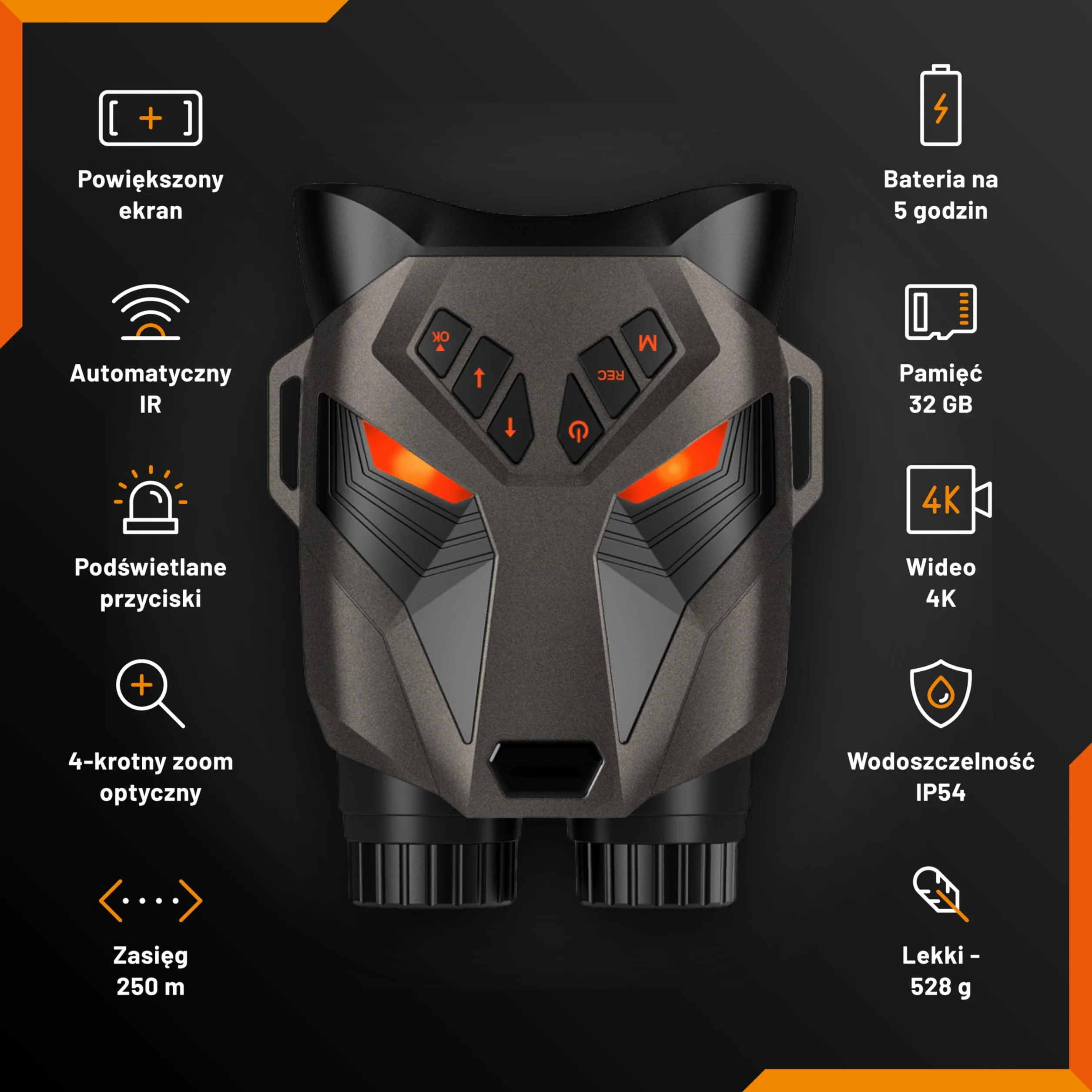 Okulary Noktowizyjne - Nightfox Ember Lornetka Noktowizyjna na Podczerwień, Łatwa w Użyciu, Dużym Ekranem, Powiększenie 4x, Zasięg 250m, Wideo 4K, Gogle Lornetki na Biwakowania