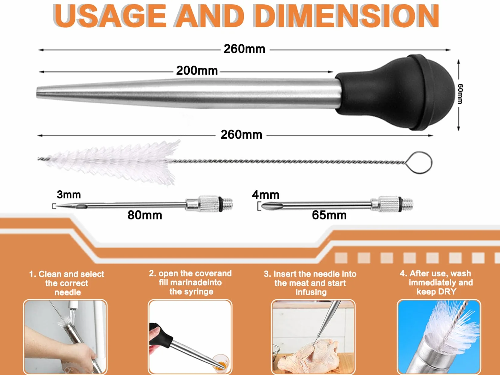 Seringues à Rôtir en 304 Acier INOX, Poires à Sauce avec Aiguille d'Injection et Brosse de Nettoyage