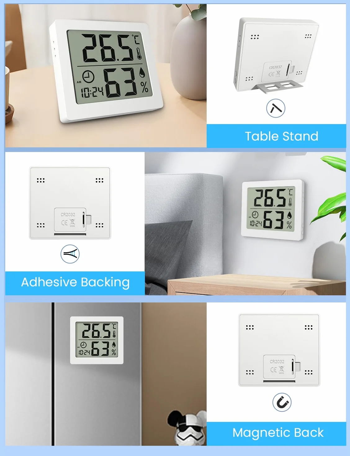 Thermo-Hygromètre numérique d'intérieur avec grand écran LCD 3,2" et horloge (Blanc)