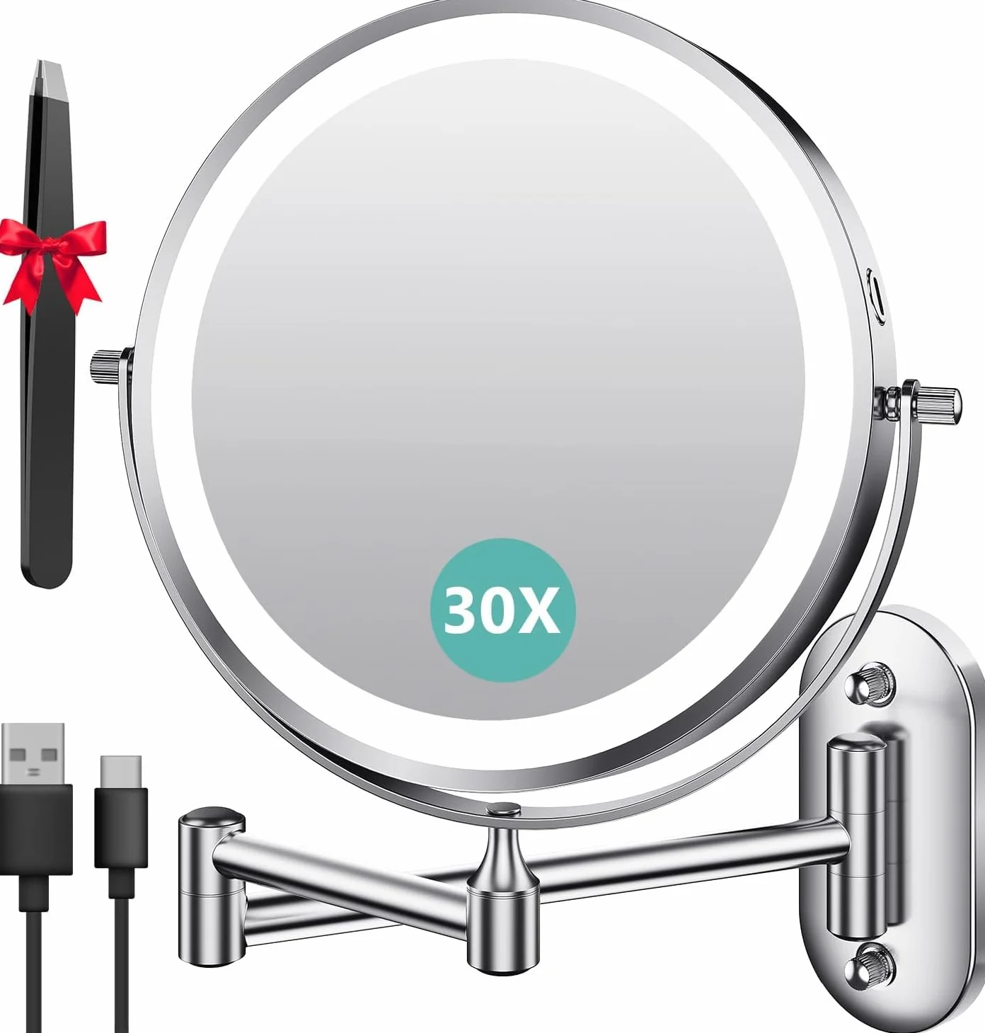 Auxmir Miroir Grossissant Mural 1X/30X, 3200mAh, 3 Modes Couleur, 360° Pivotant Extensible