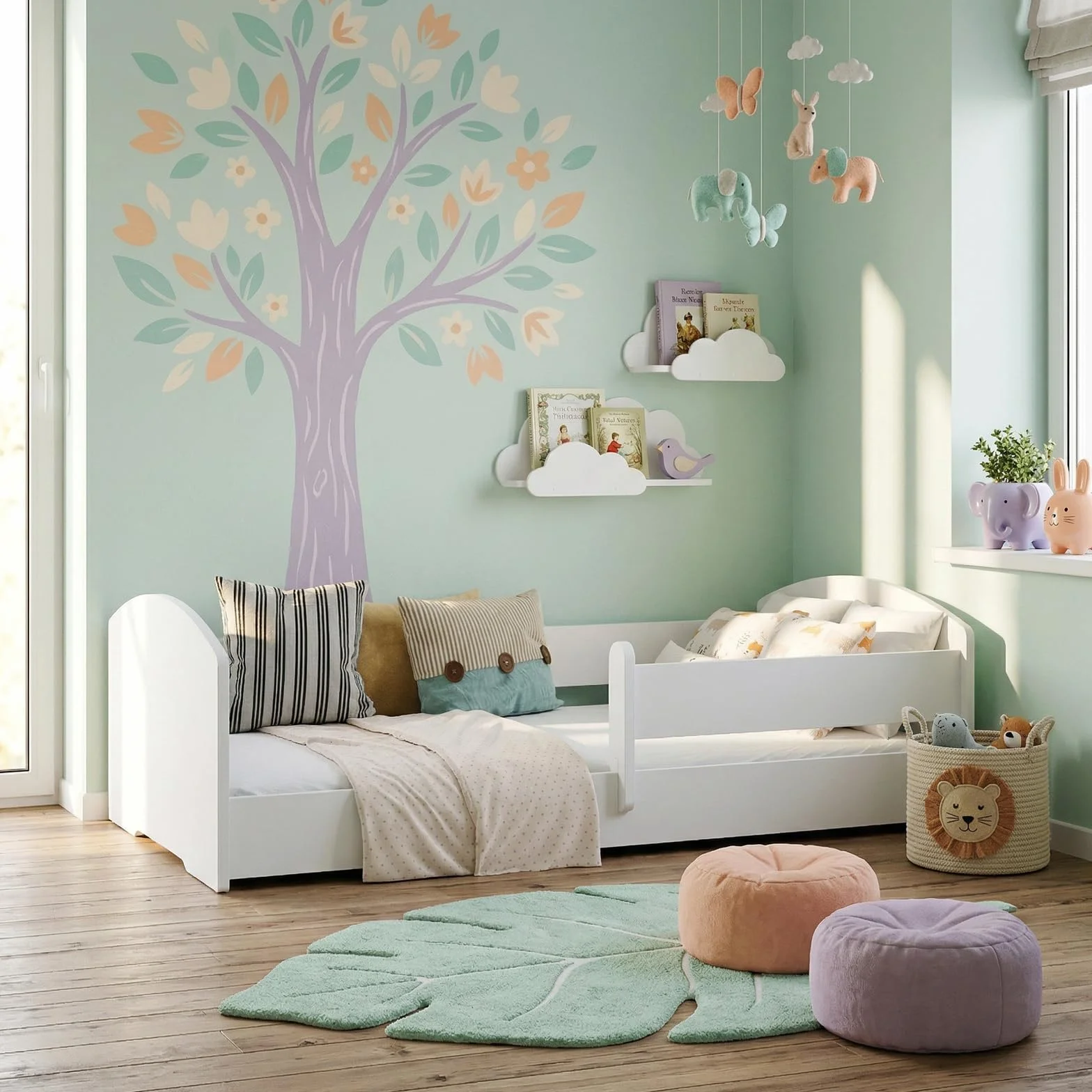 KOBI Lit Enfant Montessori Leo 140x70 avec Matelas et barrière Amovible – lit Bas sécurisé Blanc pour Chambre bébé et Enfant Style scandinave
