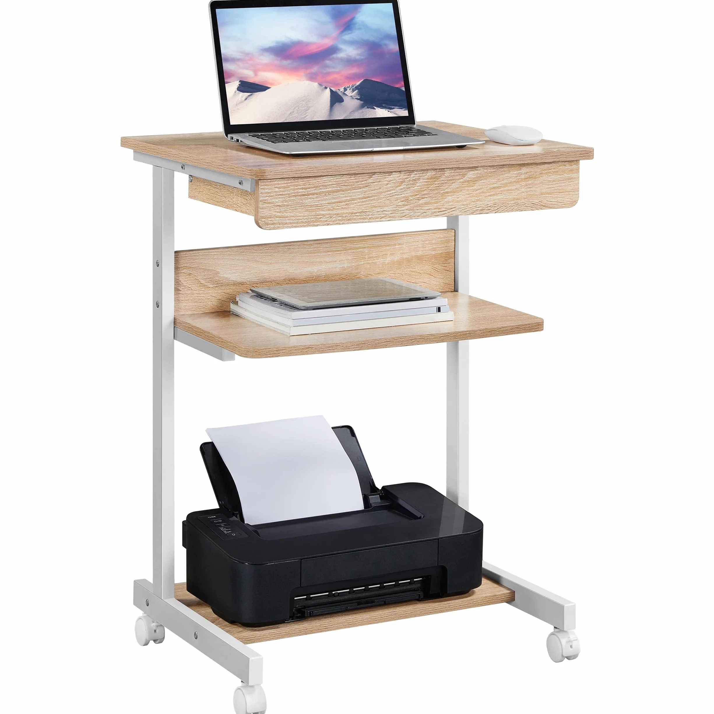 Yaheetech Table Informatique Bureau d'Ordinateur Portable Roulant Poste de Travail 56 x 51 x 79 cm avec 1 Tiroir et 2 Etagères Chêne Clair
