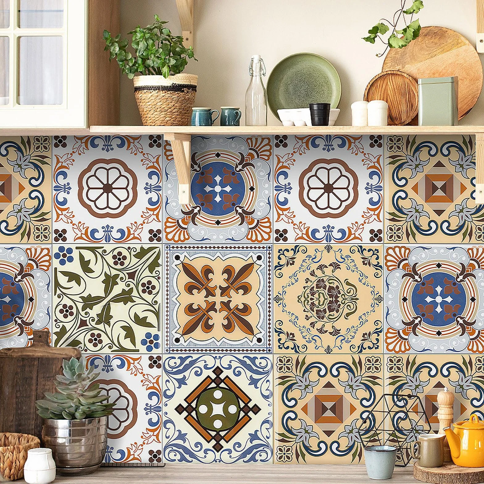 Autocollants Carrelage Mural Bohémien 15×15 cm Étanche pour Cuisine Salle de Bain