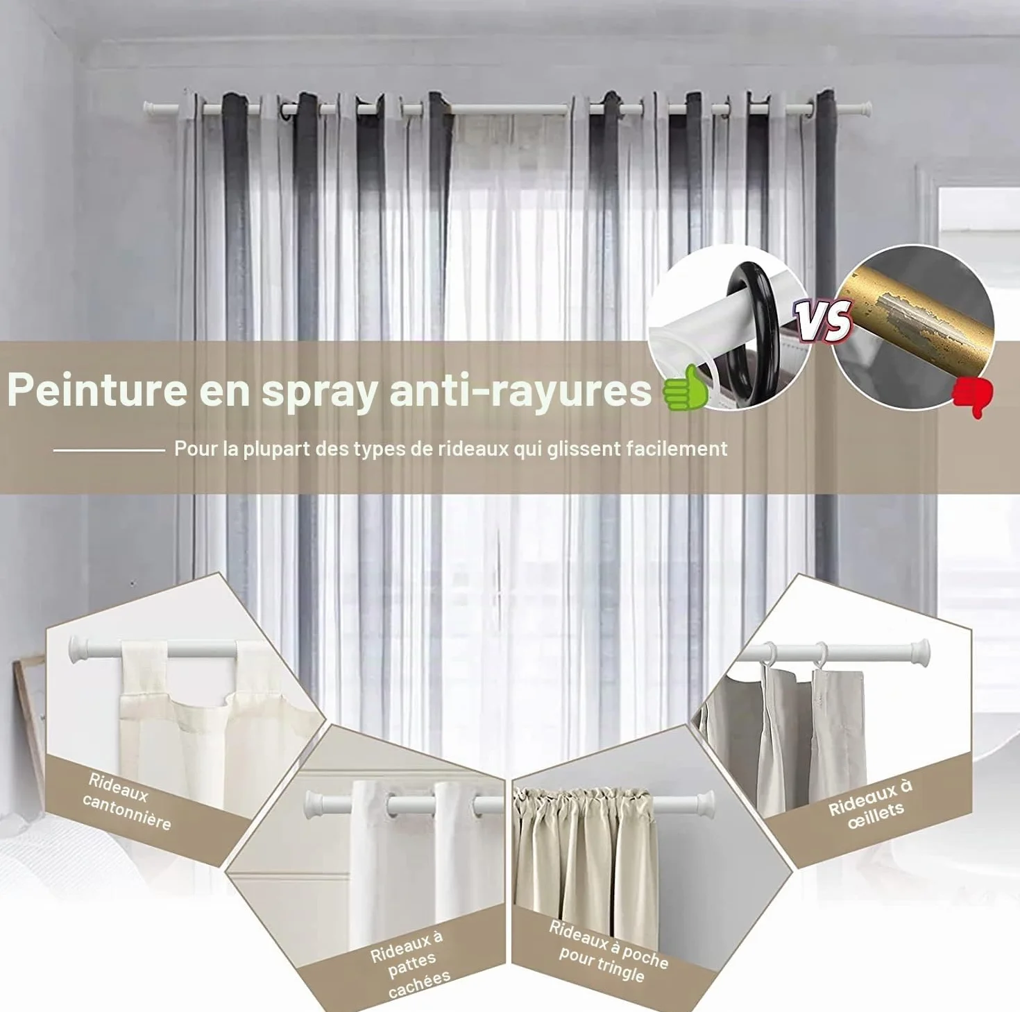 Tringle à Rideaux Extensible 71-472cm Acier Inoxydable 16mm Blanc Mat pour Fenêtre Décorative Salon
