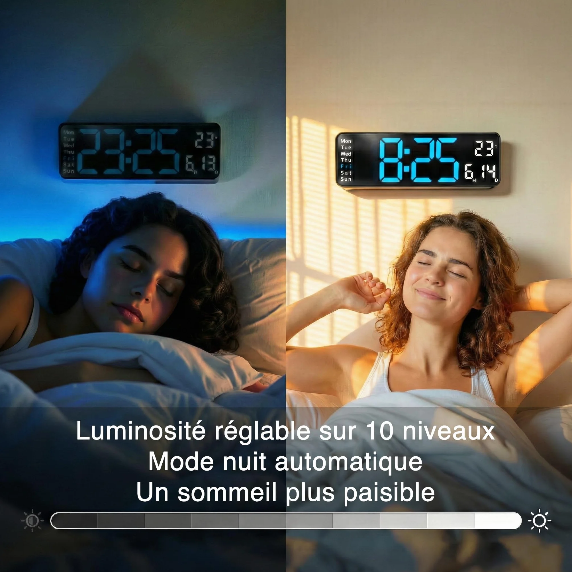 Horloge Numérique Murale Grand Affichage Chiffres LED Lisibles Silencieuse Bleu/Blanc