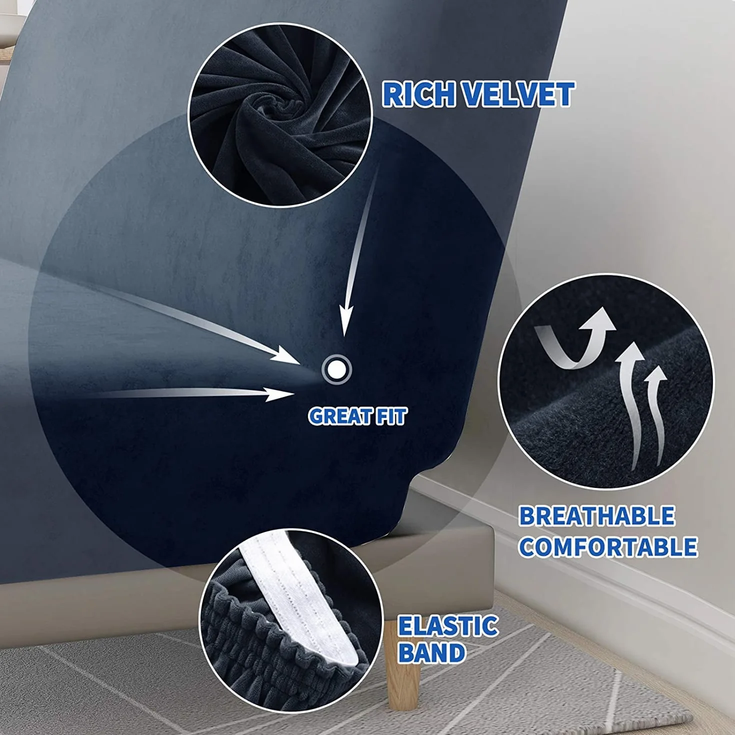 Housse de protection pour futon en velours, bleu marine, lavable en machine, antidérapante, fond élastique en Spandex