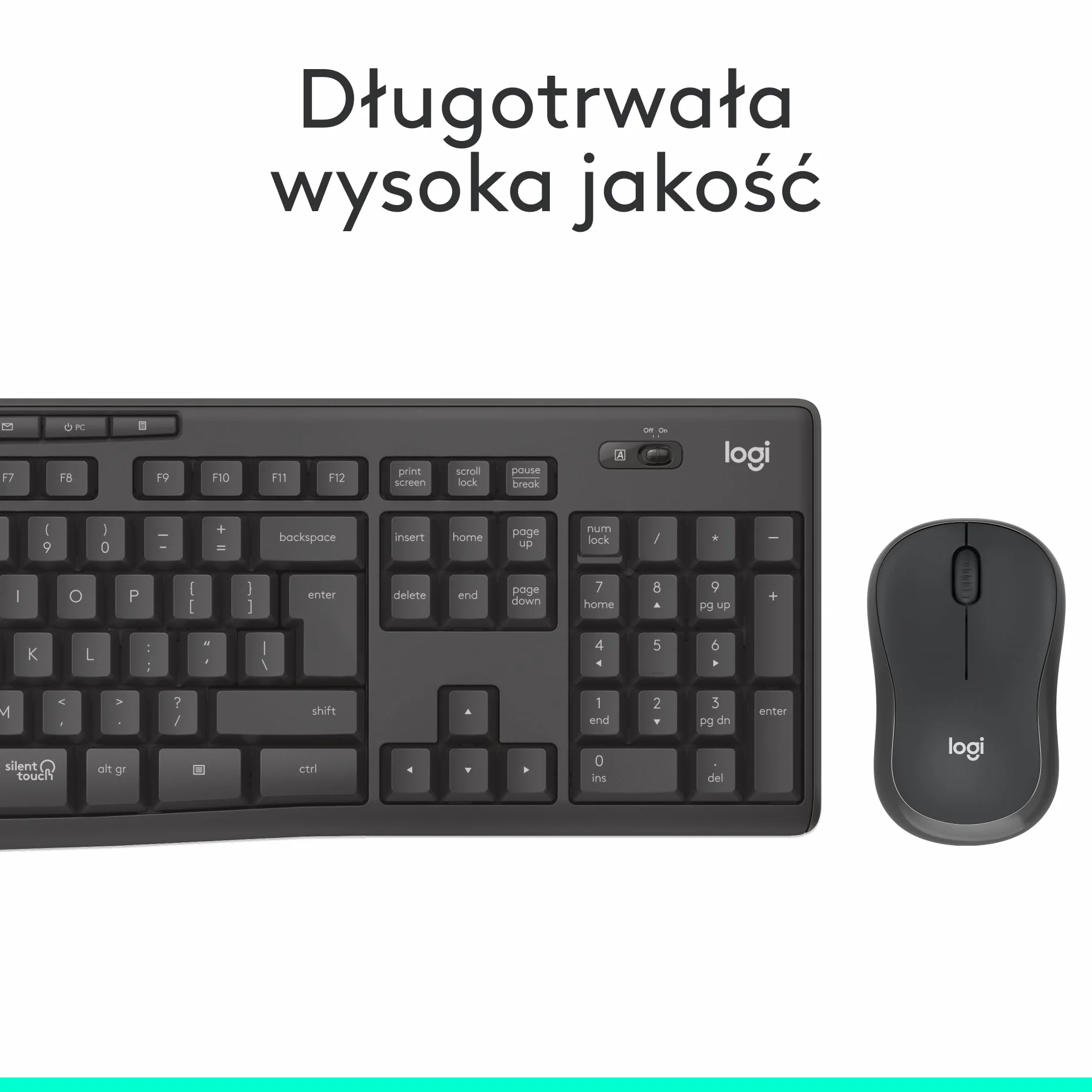 Logitech MK295 Silent, zestaw myszy i klawiatury z technologią SilentTouch, pełną klawiaturą num., zaaw. czujnikiem opt., łącznością bezprzew. bez opóźnień, 90% cichszą pracą, QWERTY US Intl - Szary