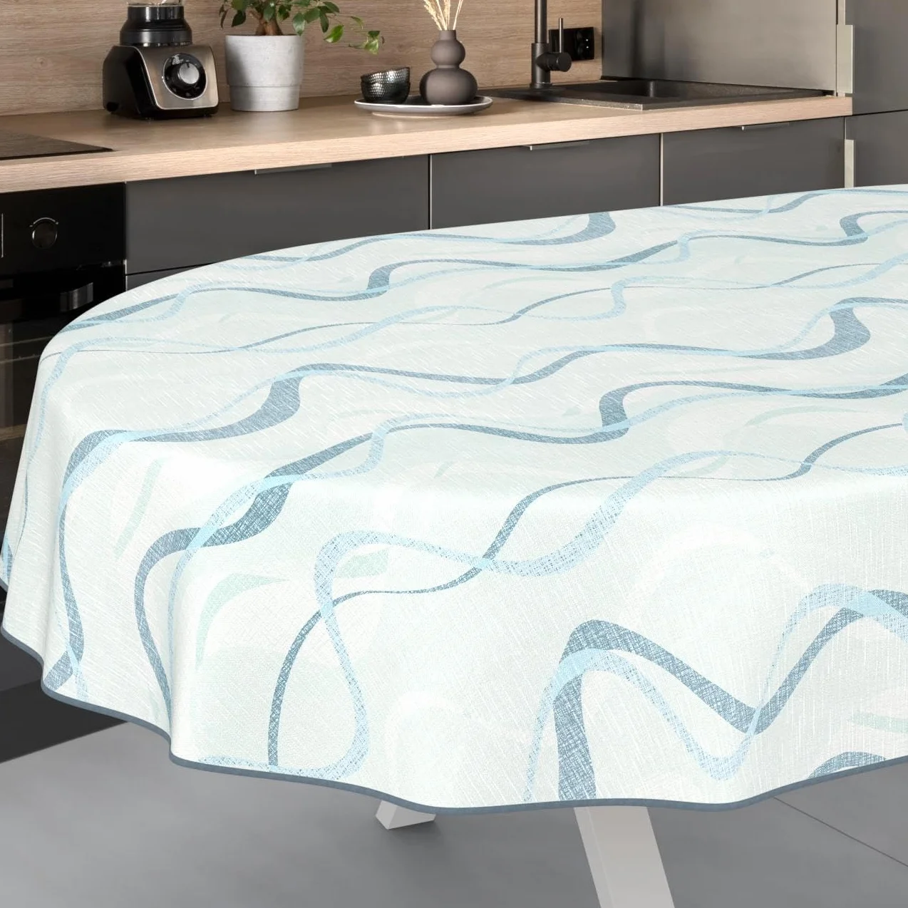 Nappe en Toile cirée Lavable Effet Lotus Imperméable Ovale 200 x 140 cm Bleue Motif Vagues