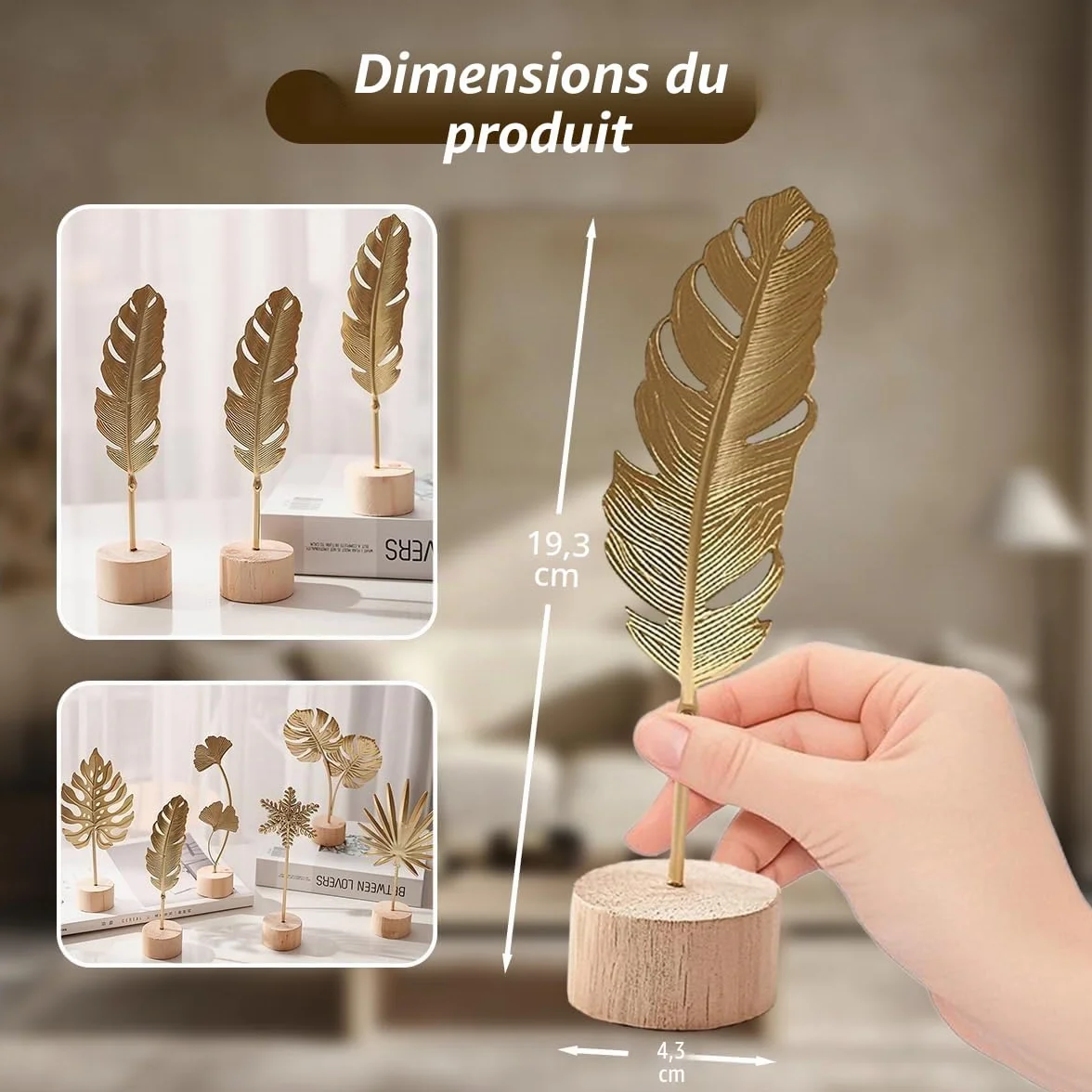 Décorations murales Set de 3 Sculptures Ginkgo Monstera Plume Métal Doré Socle Bois Décoration Intérieur Salon Bureau