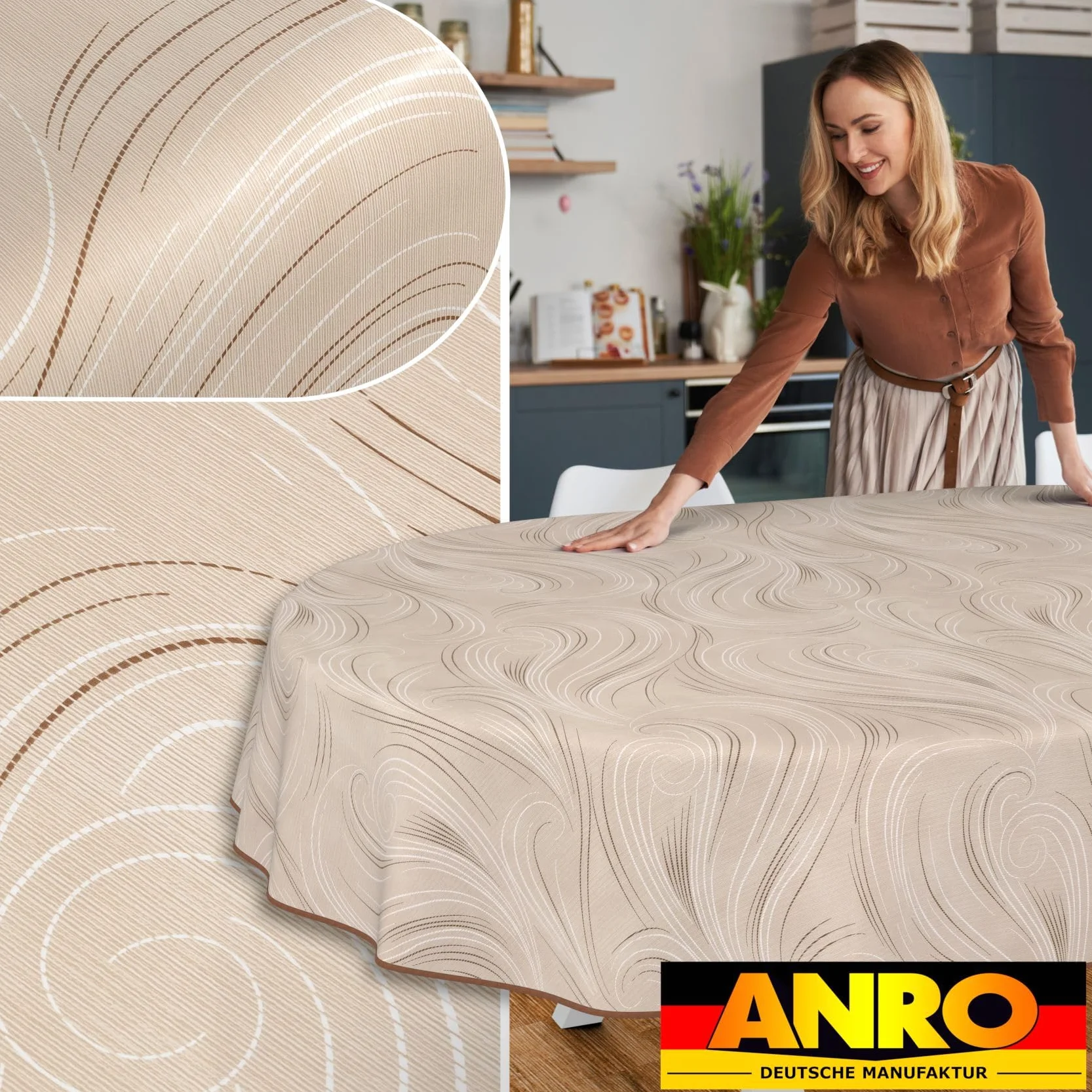 ANRO Nappe de Table en Toile cirée Lavable Ovale 180 x 140 cm Motif Abstrait Beige