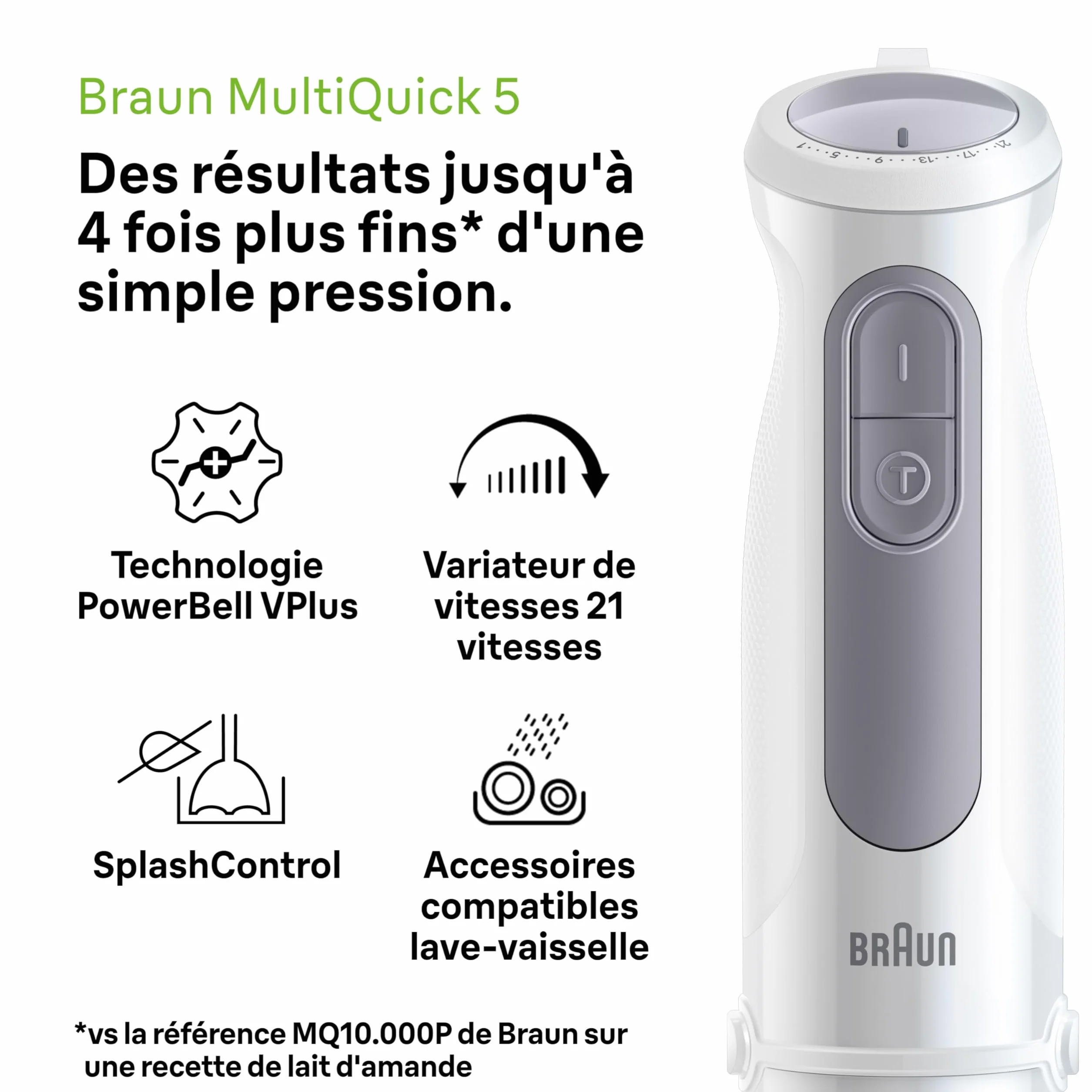 Braun MultiQuick 5 - Mixeur Plongeant pour Soupes, Smoothies et Purées Bébé, 21 Vitesses, Contrôle de Précision, Pied en Inox, Verre Doseur, 1000W, Blanc (MQ50001M)