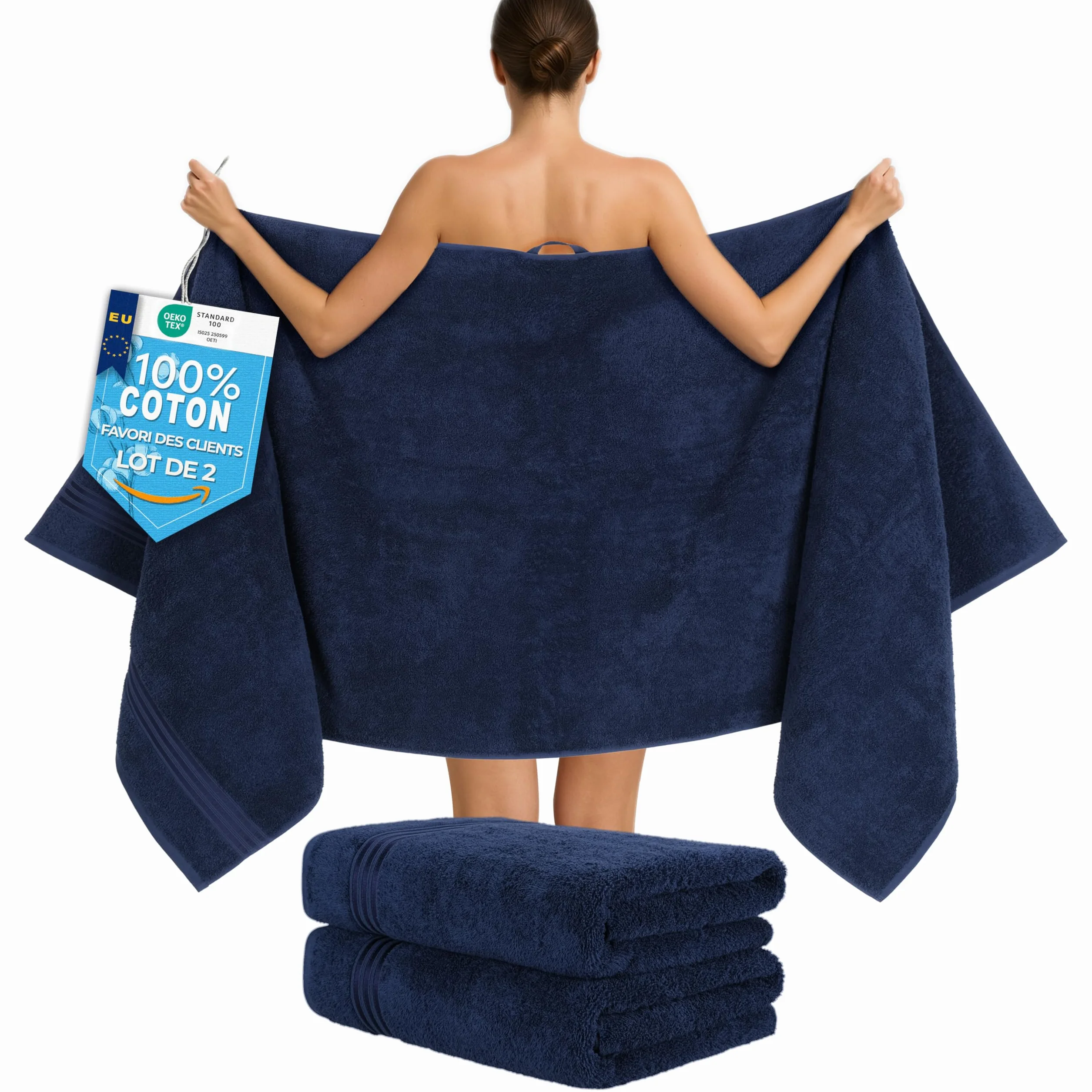 Hammetex Lot de 2 Grandes Serviettes de Bain 80x200 cm 100% Coton 500 GSM Oeko-TEX Bleu foncé