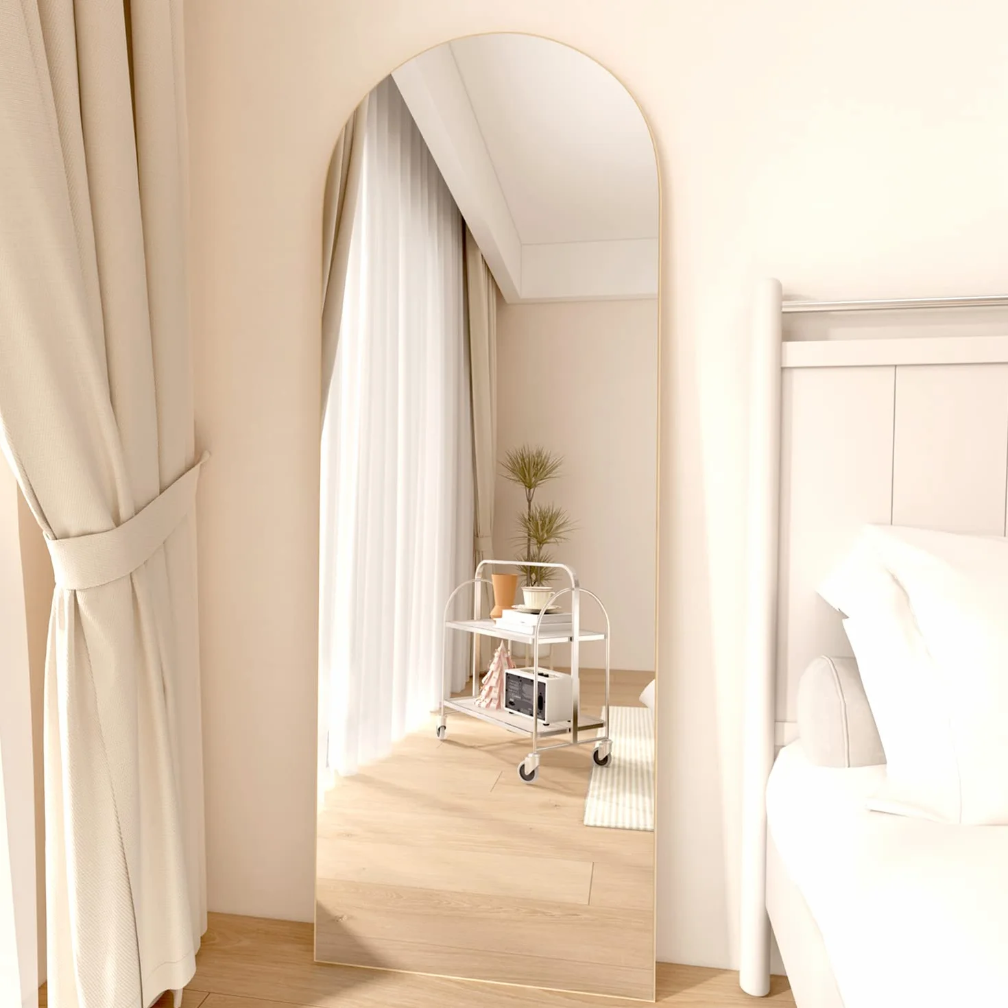 Grand Miroir Pleine Longueur Arqué 162 x 53 cm Doré Mural avec Support Suspendre ou Appuyer
