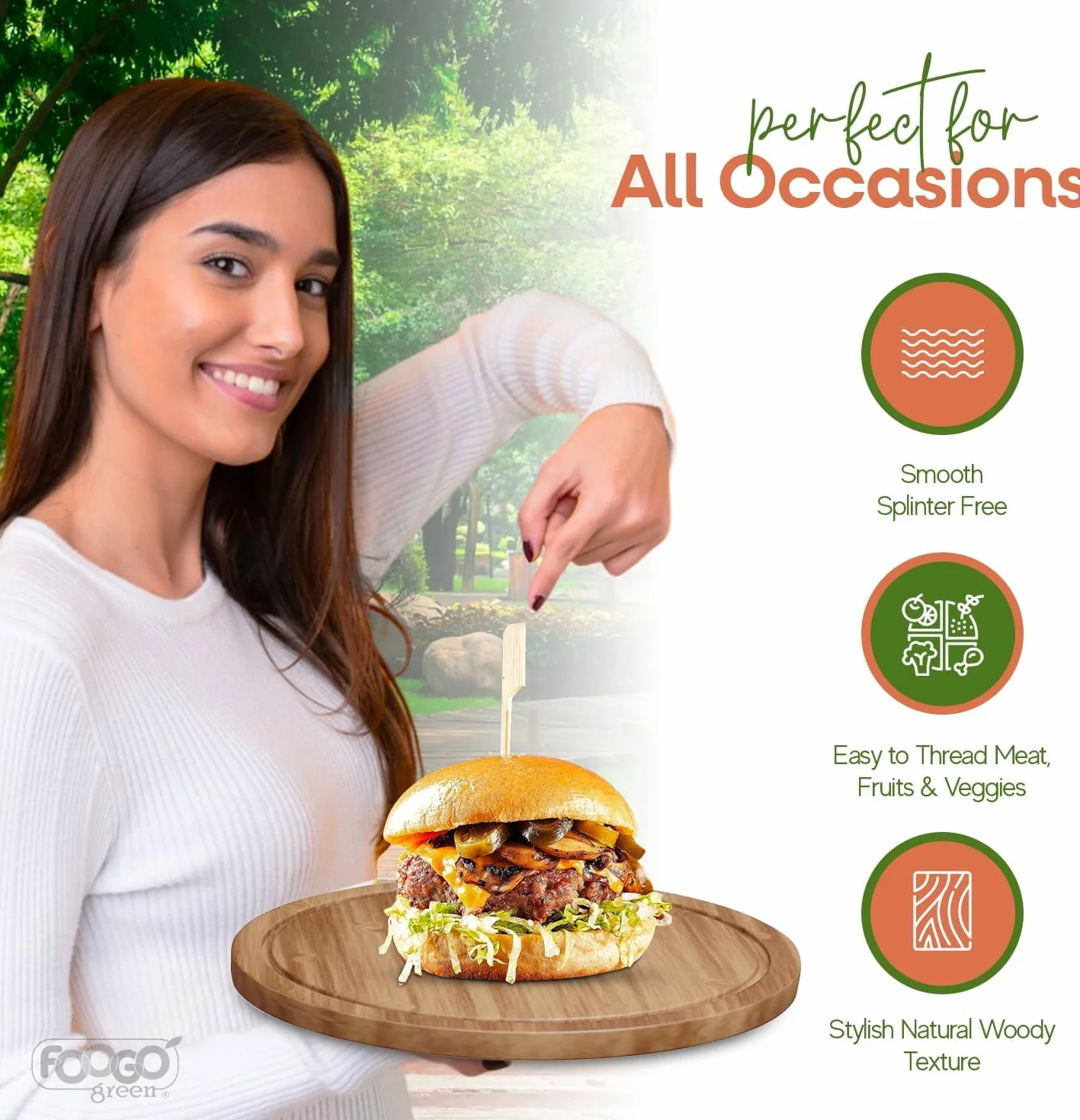 Brochettes en bambou 25cm FOOGO Green - Brochettes barbecue écologiques robustes pour fruits cocktails fête mariage