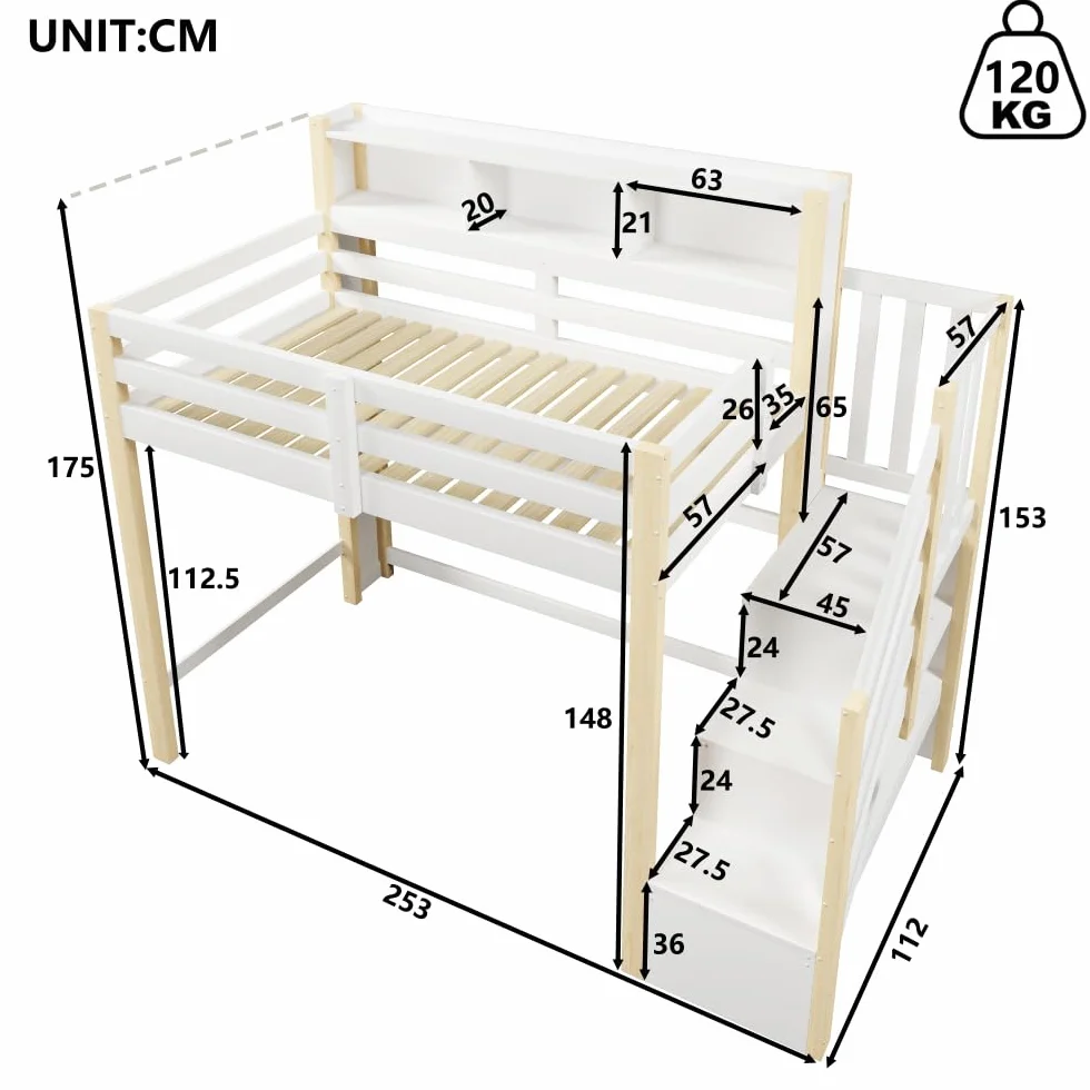 Sapgaks Lit Mezzanine Enfants 90x200cm,lit superposé Enfant avec lumières LED,lit Enfant avec Rangement sous Le lit,lit Enfant avec Barriere,échelle de Rangement,Blanc + Naturel