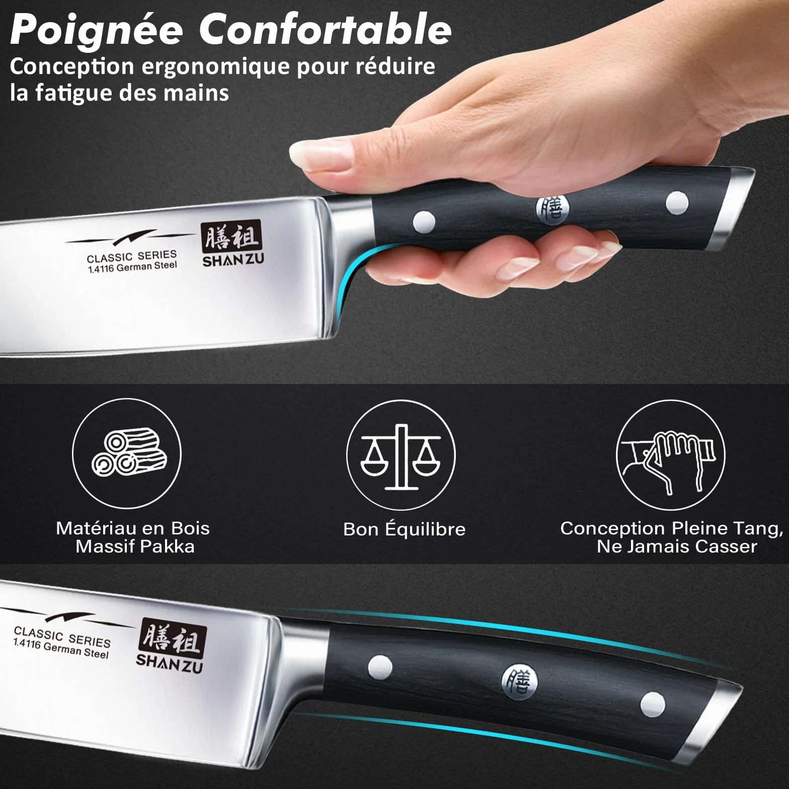 SHAN ZU Set Couteaux Cuisine, 3 Couteaux Japonais Acier Inoxydable, Couteau Chef Universel Paring