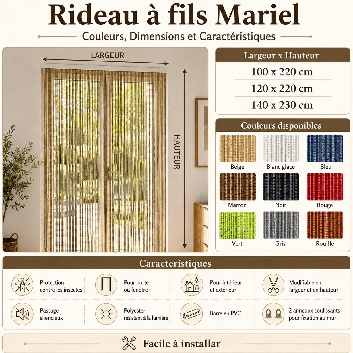 Mariel Rideau de Porte à Fils Polyester Doux Barre PVC Silencieux Recoupable Gris 100x220 cm