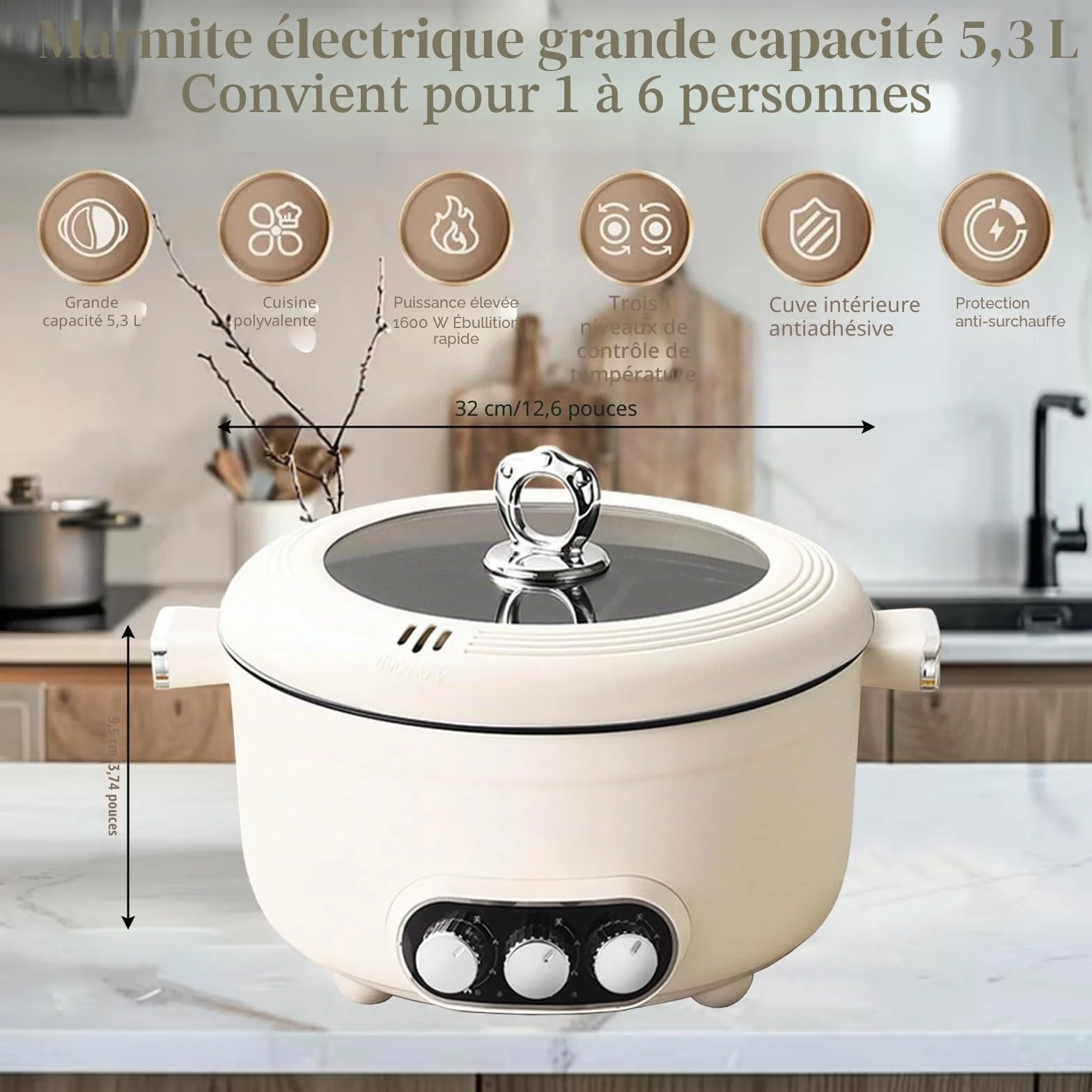 Hot Pot électrique, 5.3L Casserole Électrique, 1000W Poêle Multifonctionnelle Antiadhésive avec Chauffage Rapide & 3 Compartiments, Marmite Portable Électrique pour Frire Ramen Fondue Soupe