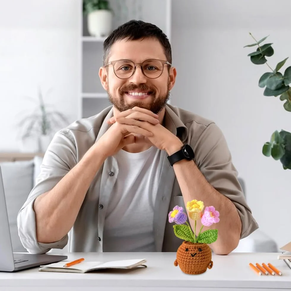 Fleurs au Crochet Faites à la Main dans un Pot, Cadeau Créatif pour Femme et Ado