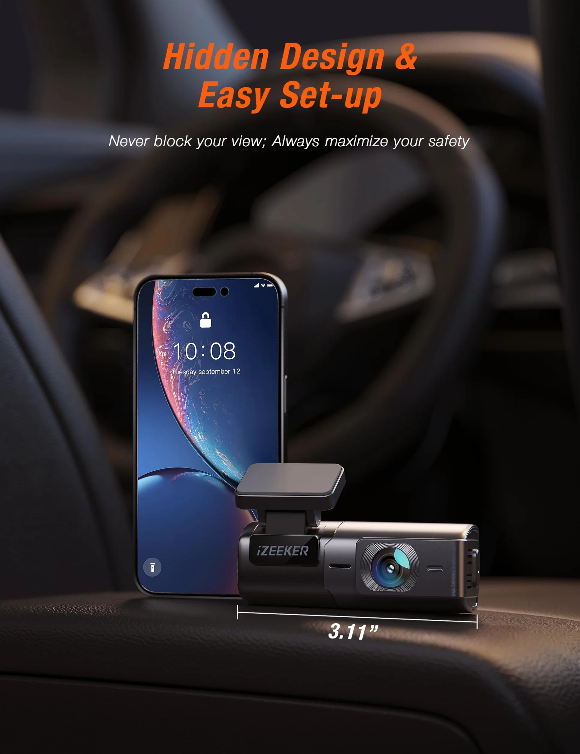 iZEEKER Kamera samochodowa 2,5K WiFi Dashcam, mini kamera samochodowa 1440P przednia kamera samochodowa z aplikacją, bezpłatna karta 32 GB, noktowizor, WDR, czujnik G, nagrywanie w pętli, obsługa