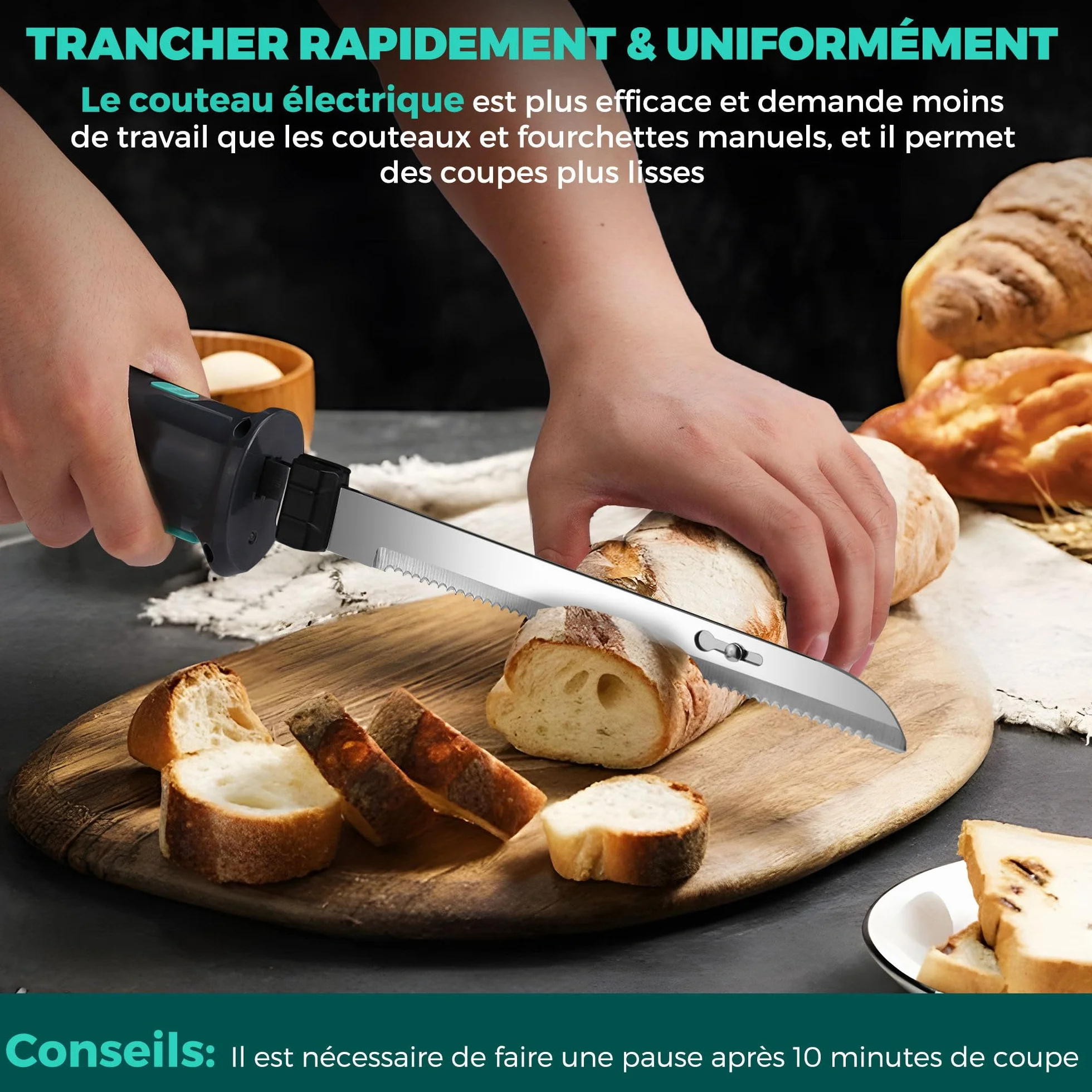 HAUSHOF Couteau à Pain Électrique sans Fil 8V, Lame de 178/203mm et Fourchette, Chargement de Type C, Indicateur d'Alimentation, Lavable au Lave-vaisselle, Couteau de Cuisine pour Viande, Pain, Gris